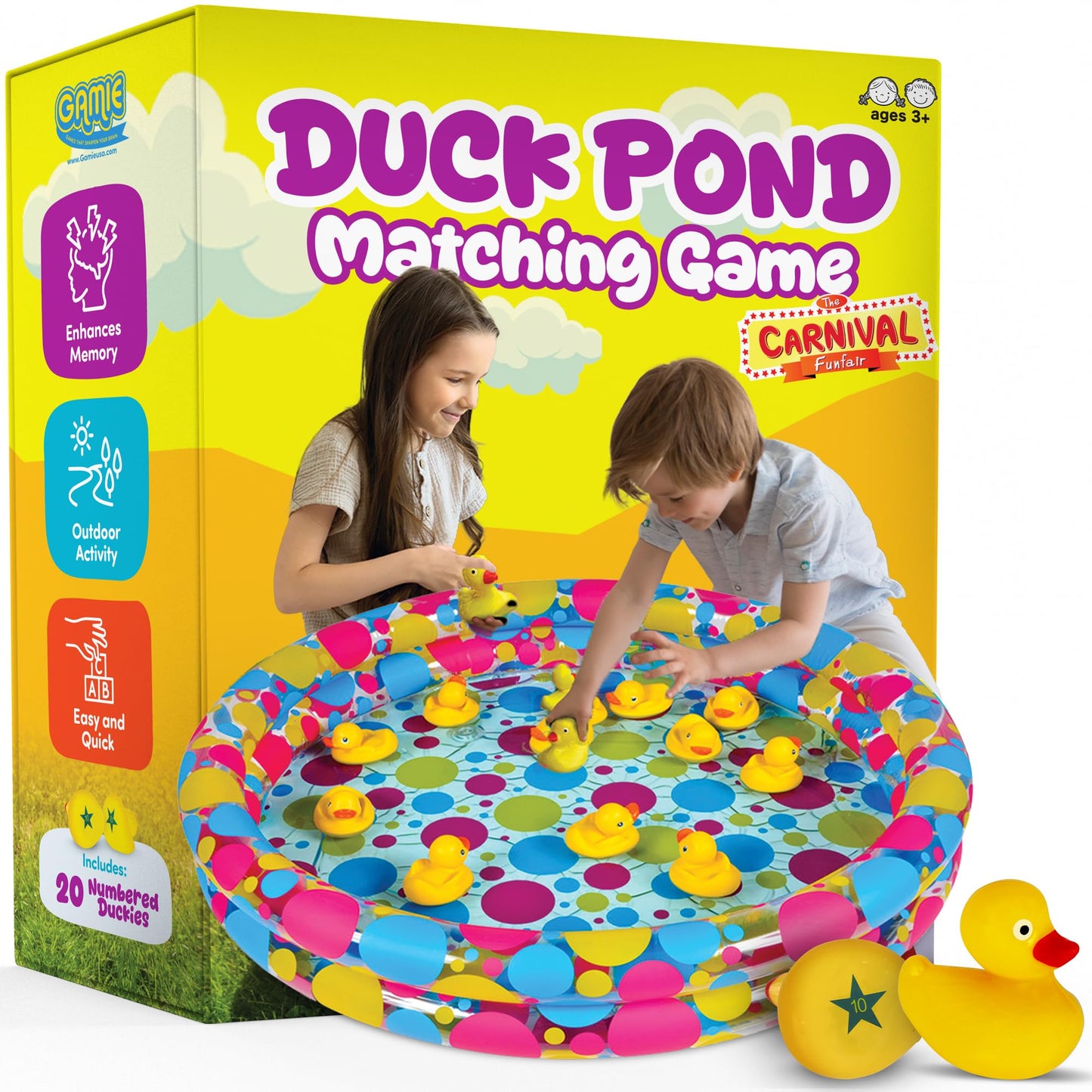 Gamie Duck Pond Matching Carnival Game — 3 ft x 6 in Inflatable Pool + 20 Numbered Ducks