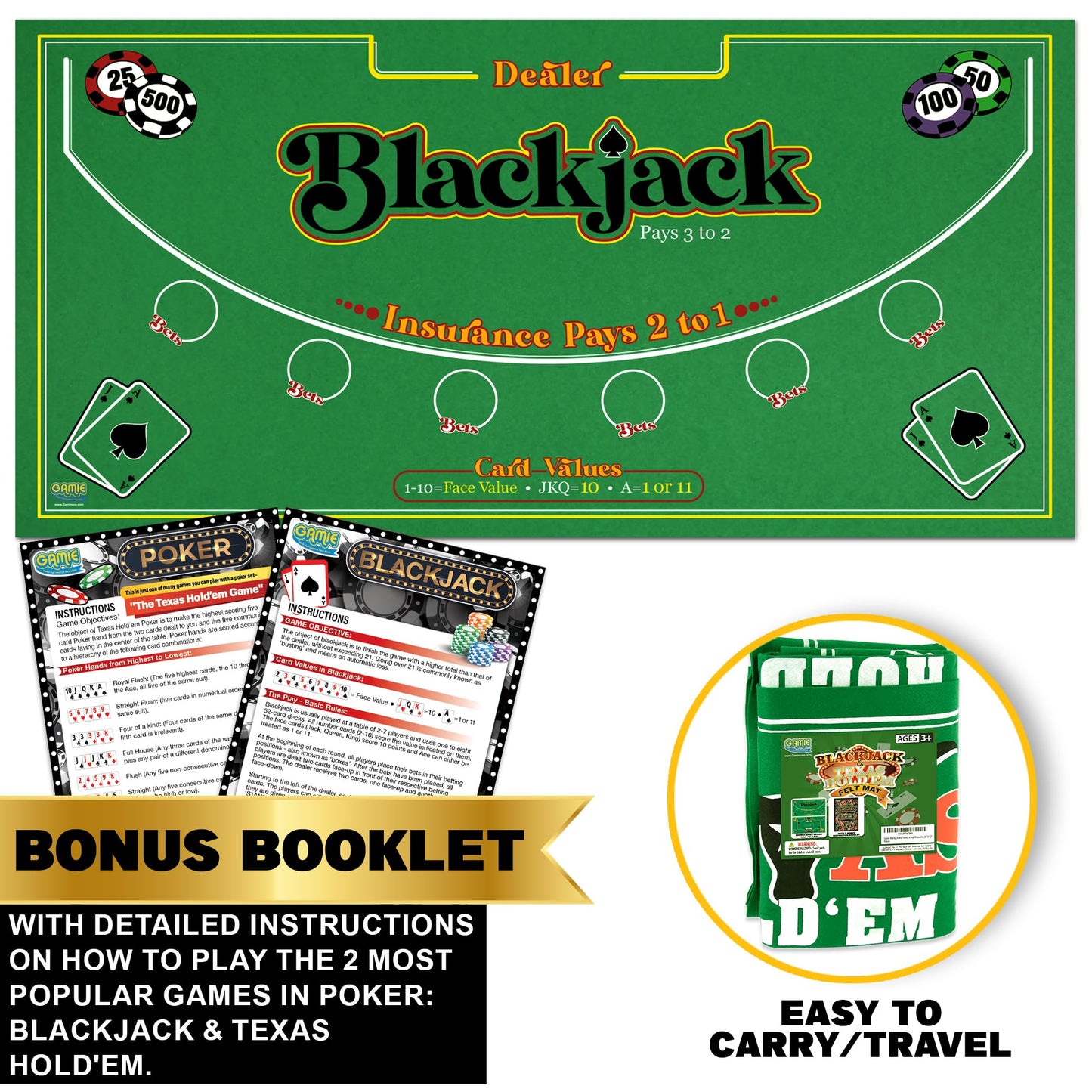 Gamie Double-Sided Felt Casino Mat — 36 by 72 Inches, 2-in-1 Texas Hold’em & Blackjack Tabletop Mat with Instruction Booklet