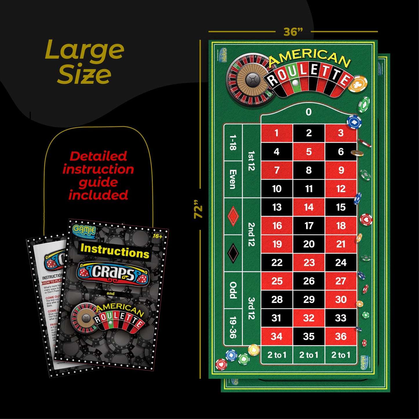 Gamie Double-Sided Roulette & Craps Table Mat — 36x72 Premium Felt for Home Casinos