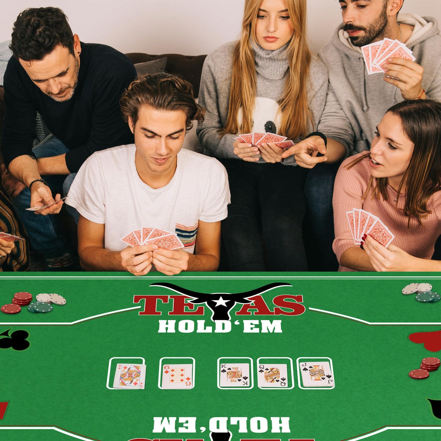 Gamie Double-Sided Felt Casino Mat — 36 by 72 Inches, 2-in-1 Texas Hold’em & Blackjack Tabletop Mat with Instruction Booklet