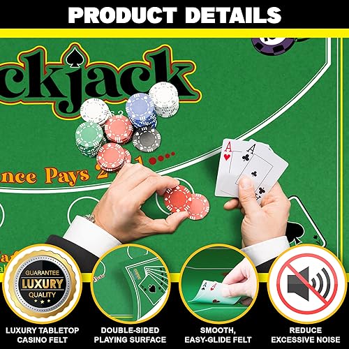 Gamie Double-Sided Felt Casino Mat — 36 by 72 Inches, 2-in-1 Texas Hold’em & Blackjack Tabletop Mat with Instruction Booklet