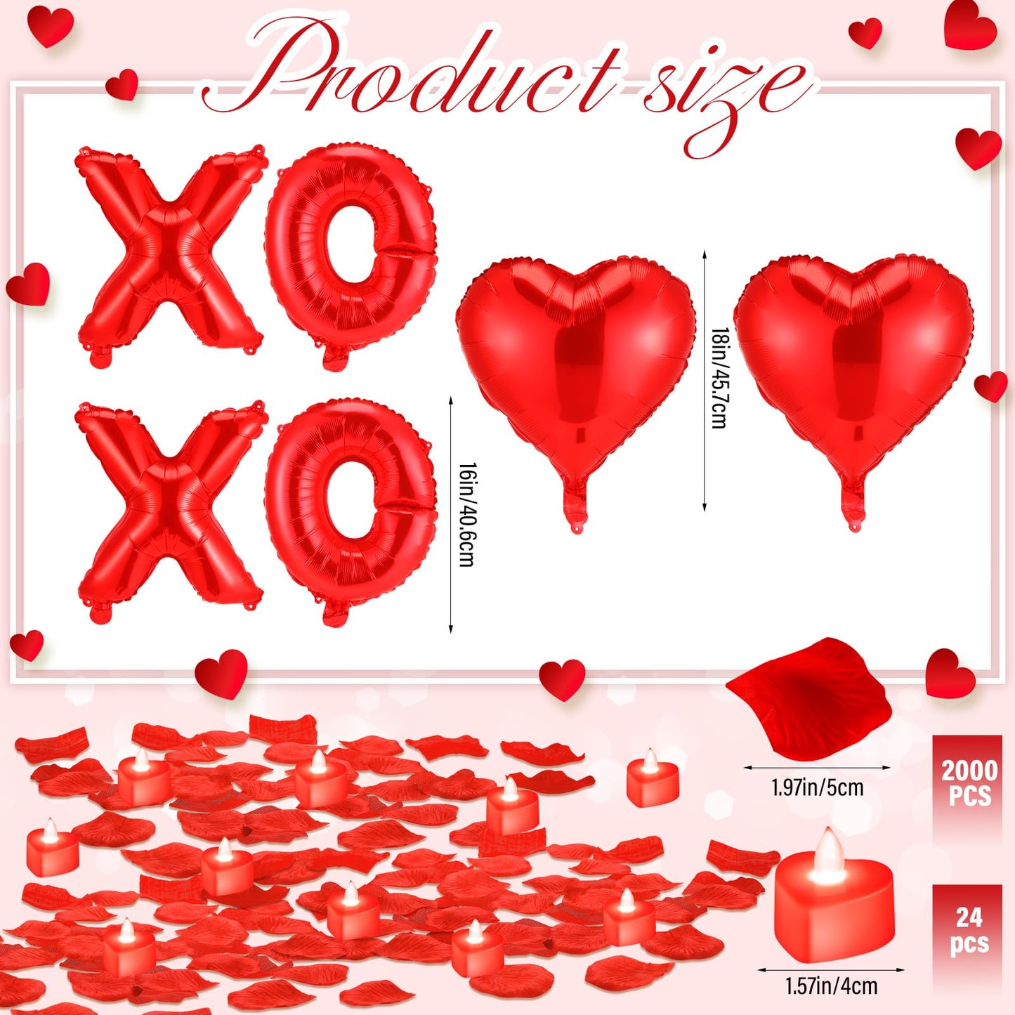 Ganeen Red Valentine Balloons Kit – XOXO Letters, 18 Inch Heart Balloons, 24 LED Candles, 2000 Petals