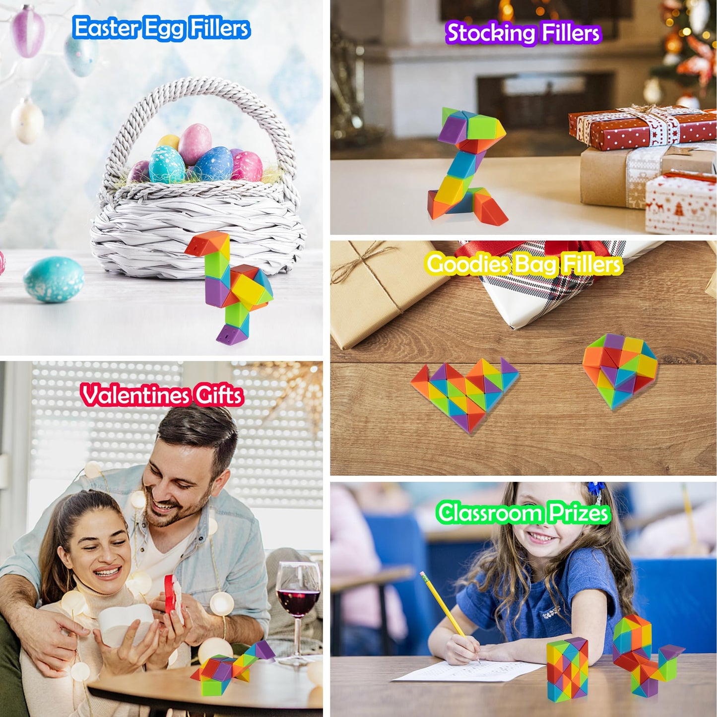 Ganowo Medium Snake Cube 4 Pack – Rainbow Twist Fidget Puzzles for Kids, Teens, and Mindful Play