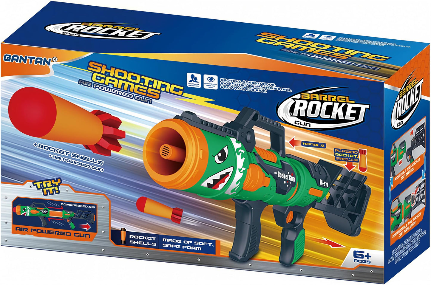 Gantan Rocket Barrel Launcher – Foam Rockets Included (6 Pack)
