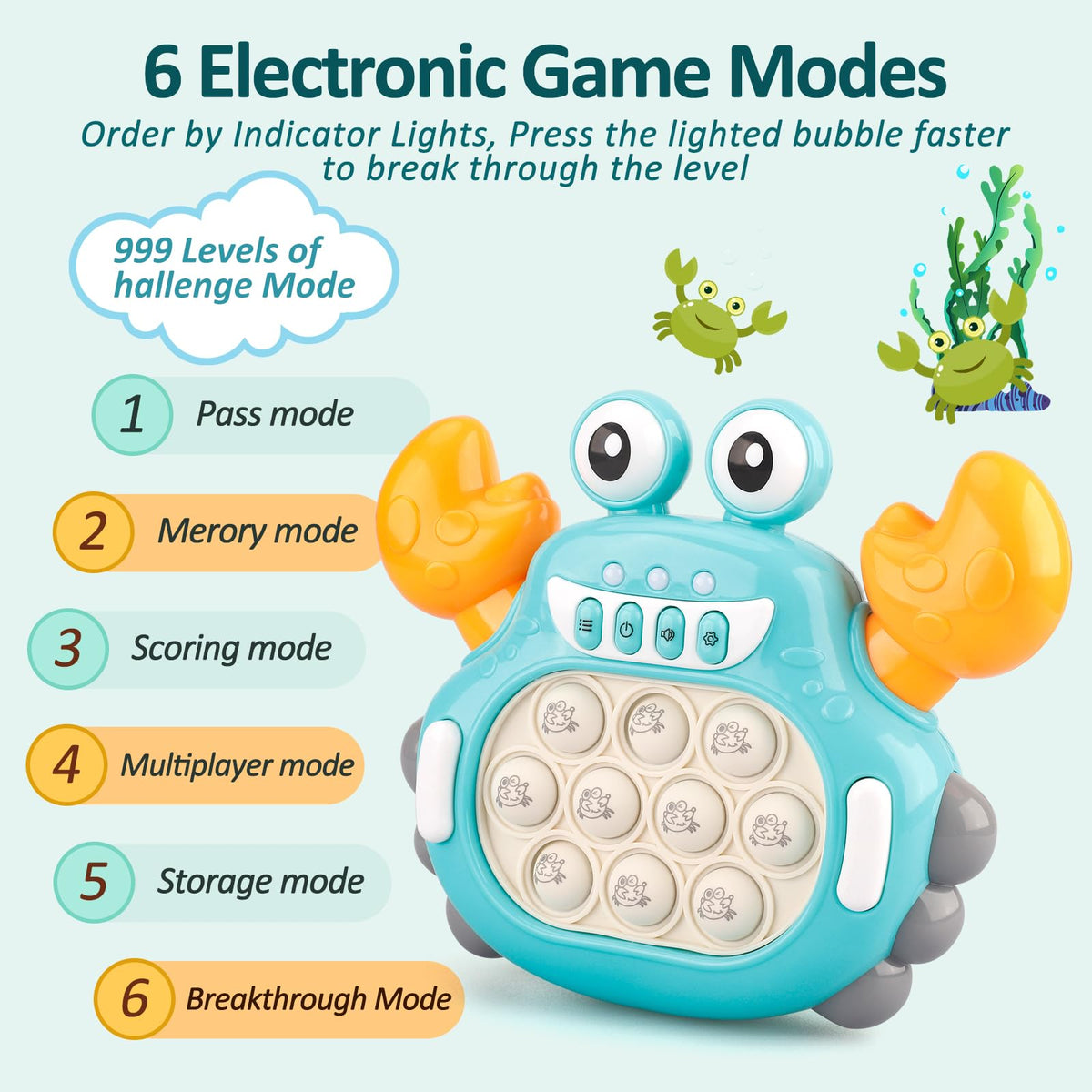 GAPER GO Fast Push Game Fidget Toys for Kids – Light Up Pop Game, Portable Handheld Puzzle (Crab)