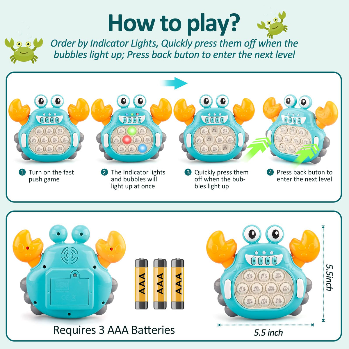 GAPER GO Fast Push Game Fidget Toys for Kids – Light Up Pop Game, Portable Handheld Puzzle (Crab)