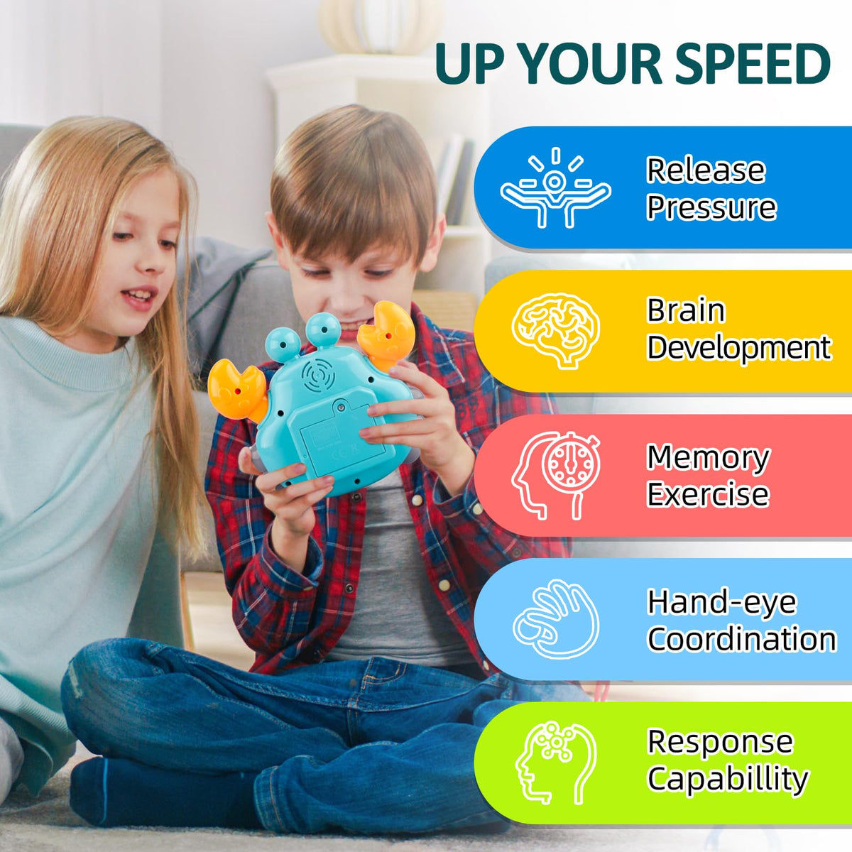 GAPER GO Fast Push Game Fidget Toys for Kids – Light Up Pop Game, Portable Handheld Puzzle (Crab)