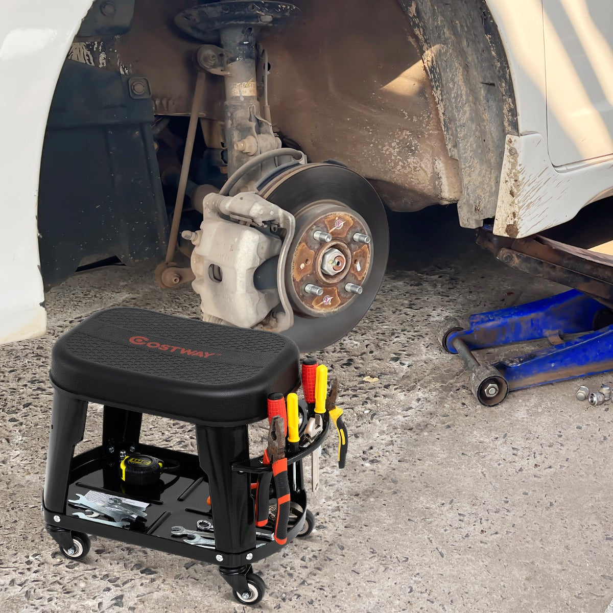 Garage Rolling Stool with Equipment Tray and Tool Holder-Black