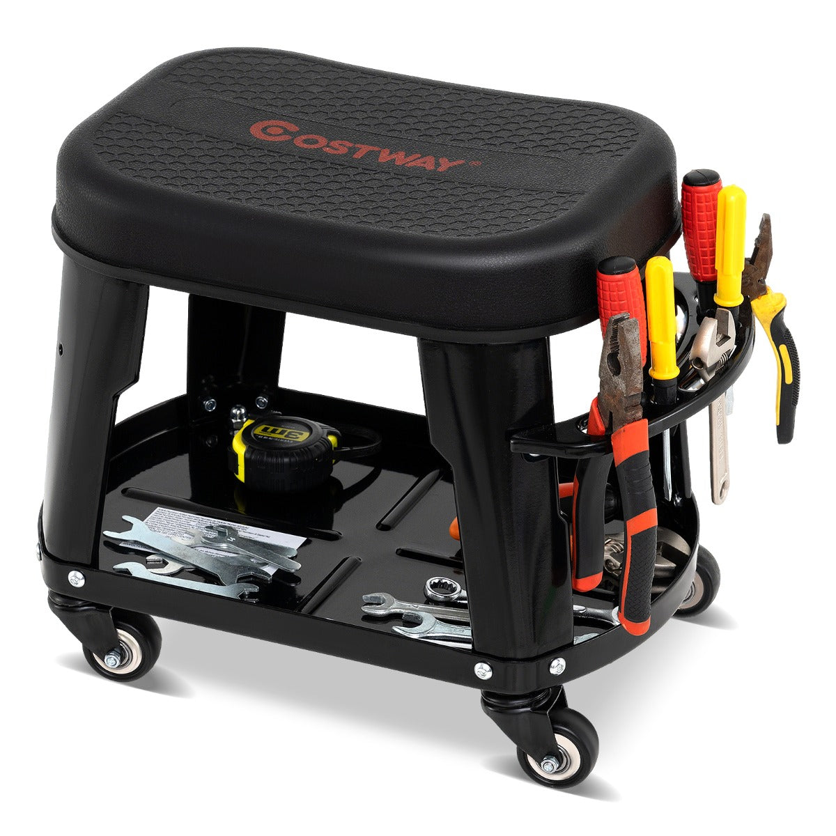 Garage Rolling Stool with Equipment Tray and Tool Holder-Black