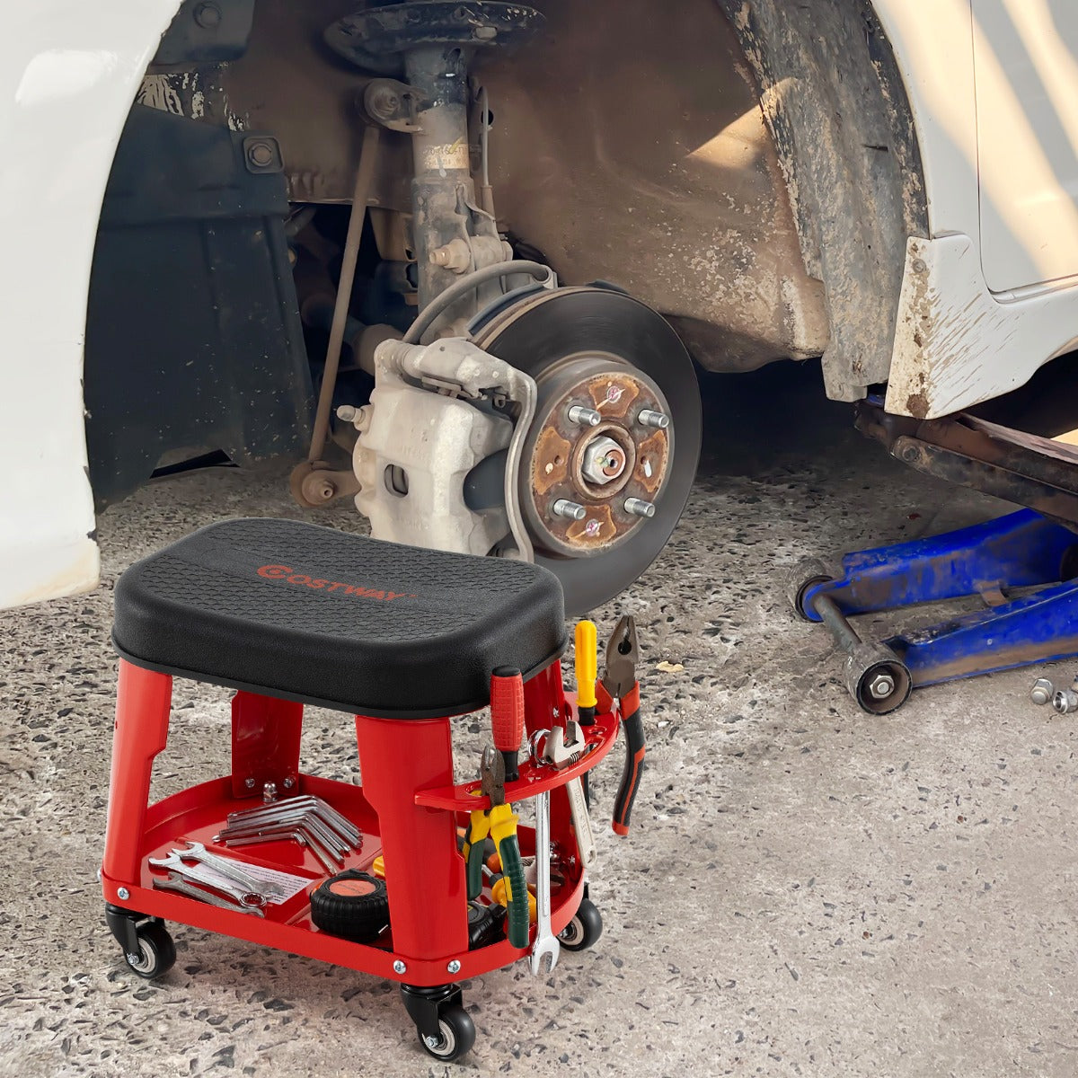 Garage Rolling Stool with Equipment Tray and Tool Holder-Black