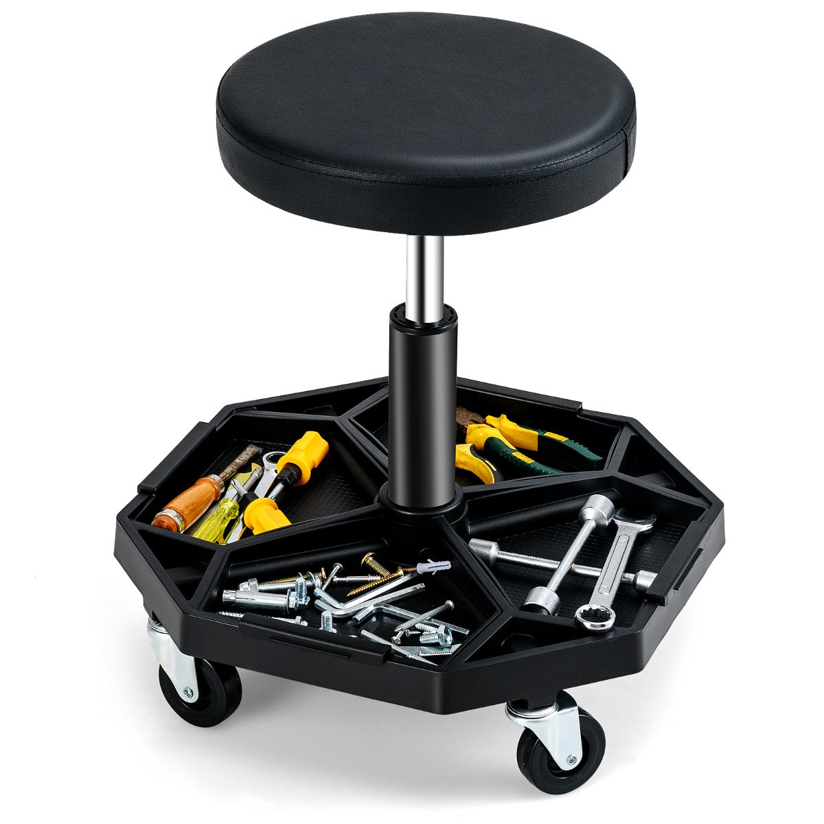 Garage Workshop Creeper Seat with Padded Seat and Tool Tray-Yellow