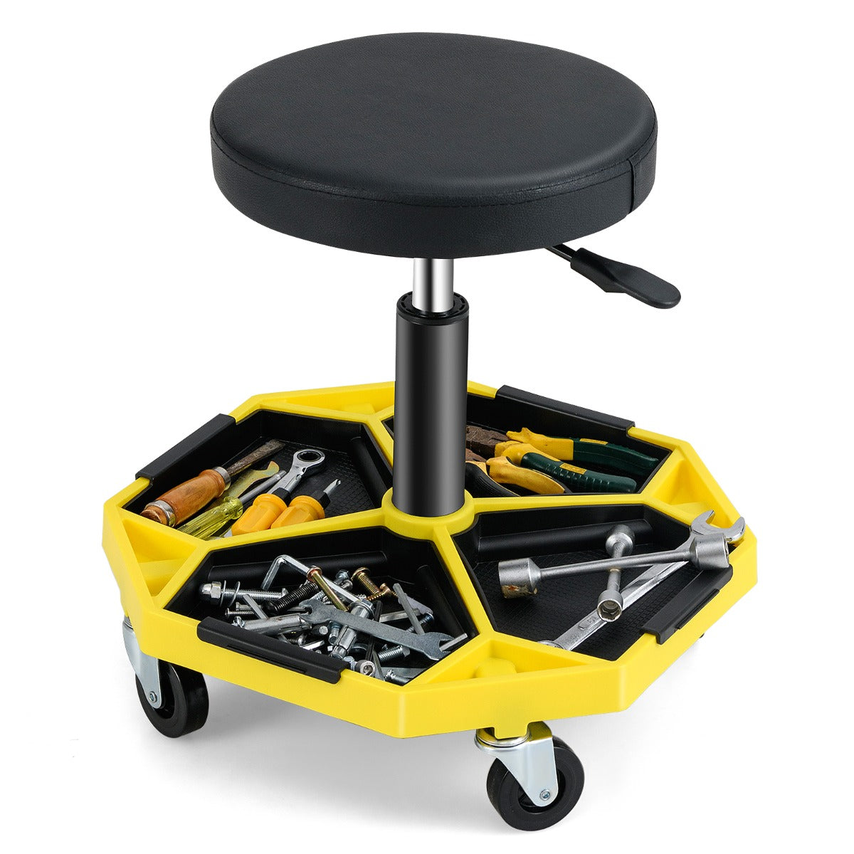 Garage Workshop Creeper Seat with Padded Seat and Tool Tray-Yellow