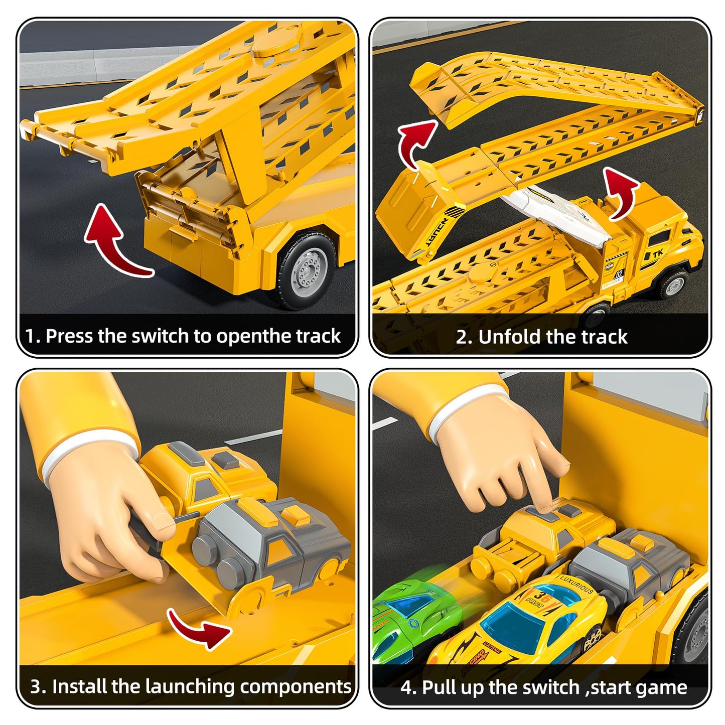 Garbo Star Transport Truck Toys Set – 12 Die-Cast Cars, Dual-Track & Catapults for Ages 3-7