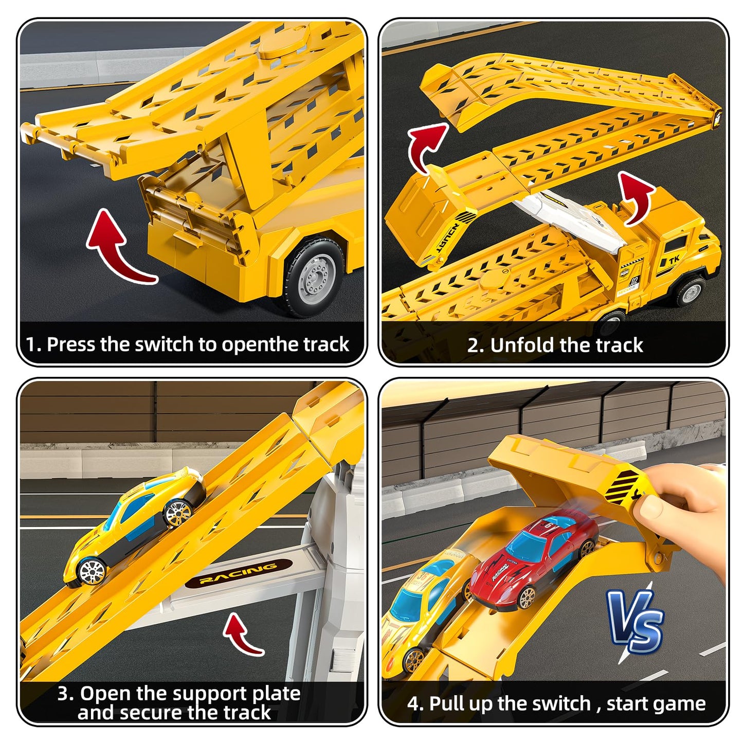 Garbo Star Transport Truck Toys Set – 12 Die-Cast Cars, Dual-Track & Catapults for Ages 3-7