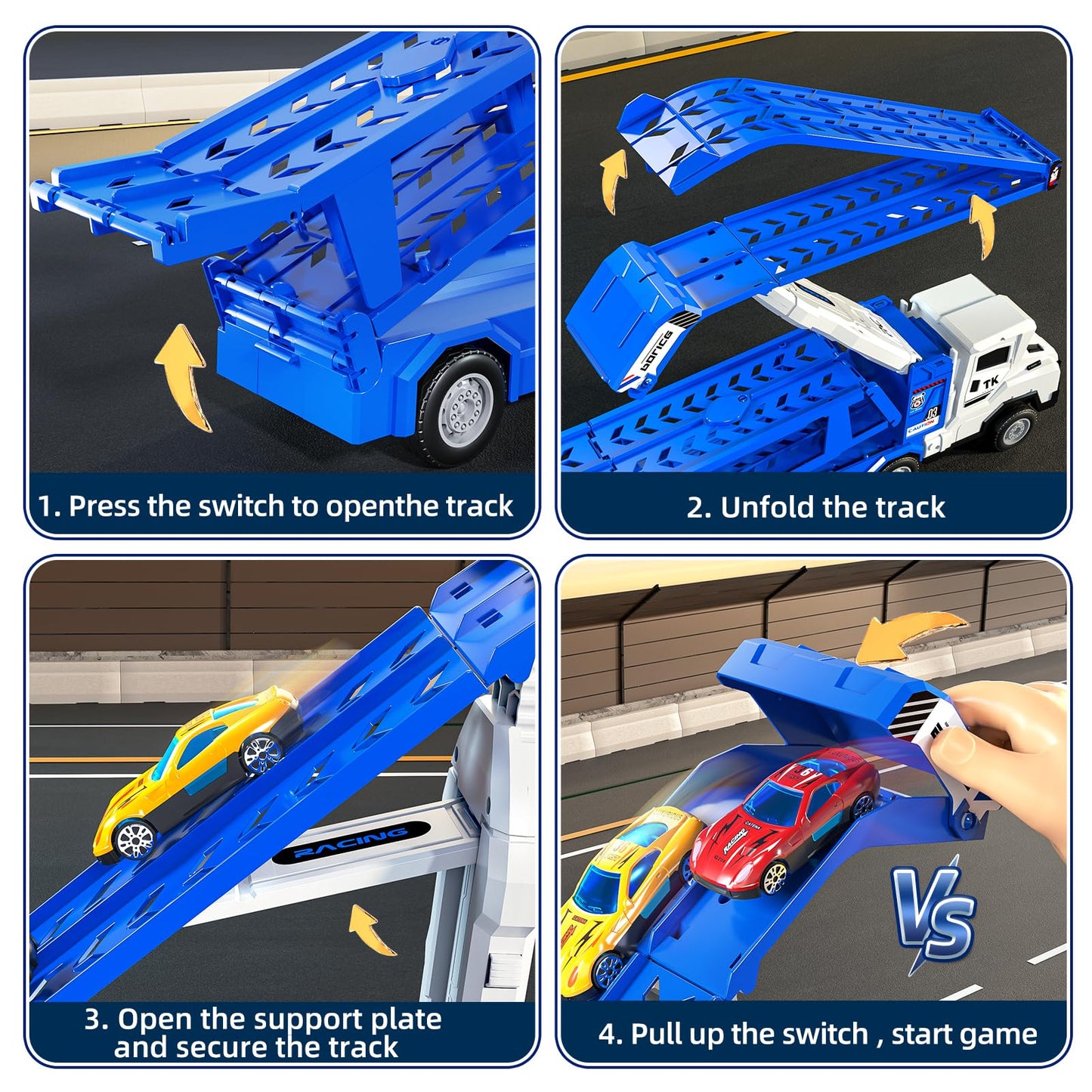 Garbo Star Transport Truck Toys Set — Dual-Track Carrier with 12 Die-Cast Cars, 2 Catapults, Ages 3-7