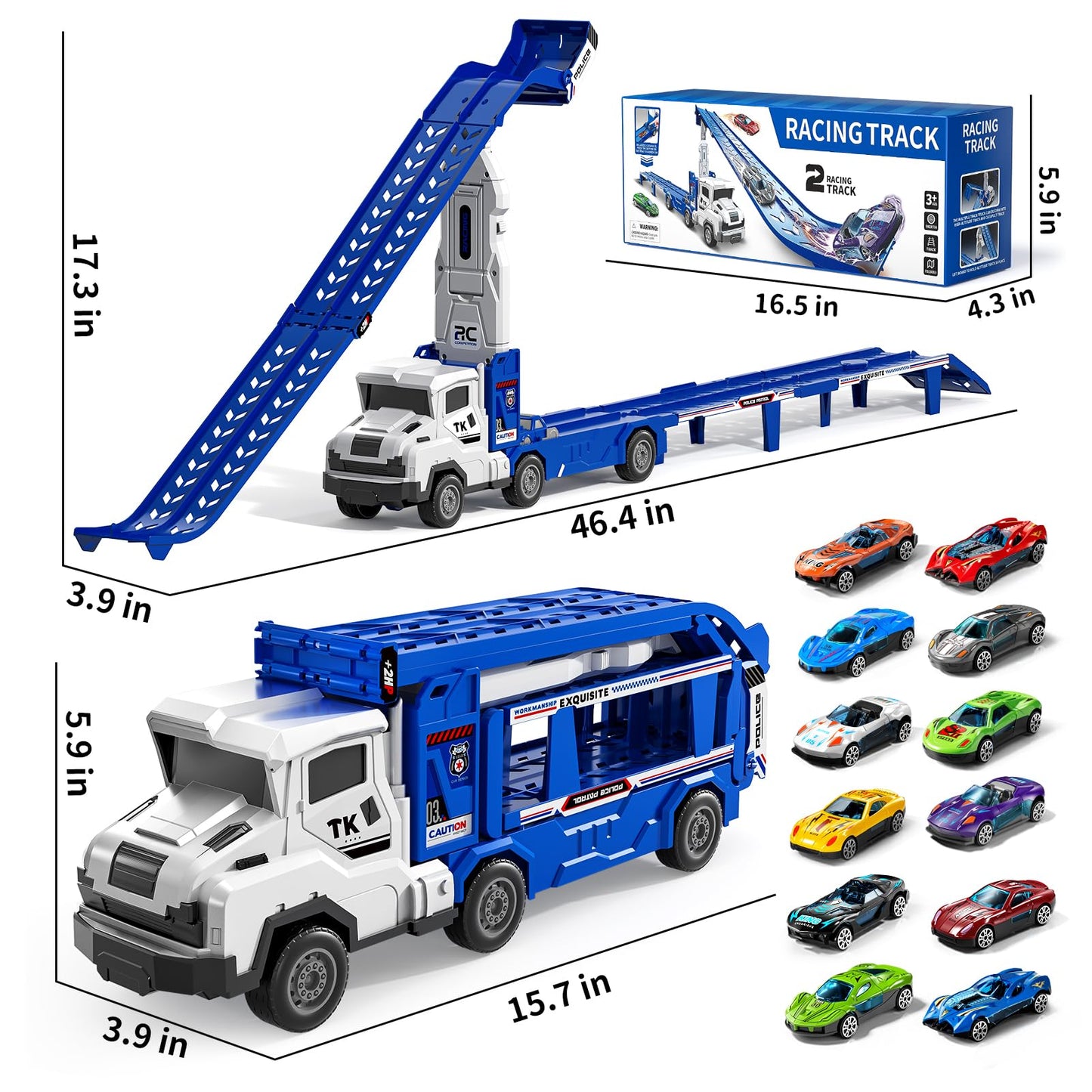 Garbo Star Transport Truck Toys Set — Dual-Track Carrier with 12 Die-Cast Cars, 2 Catapults, Ages 3-7