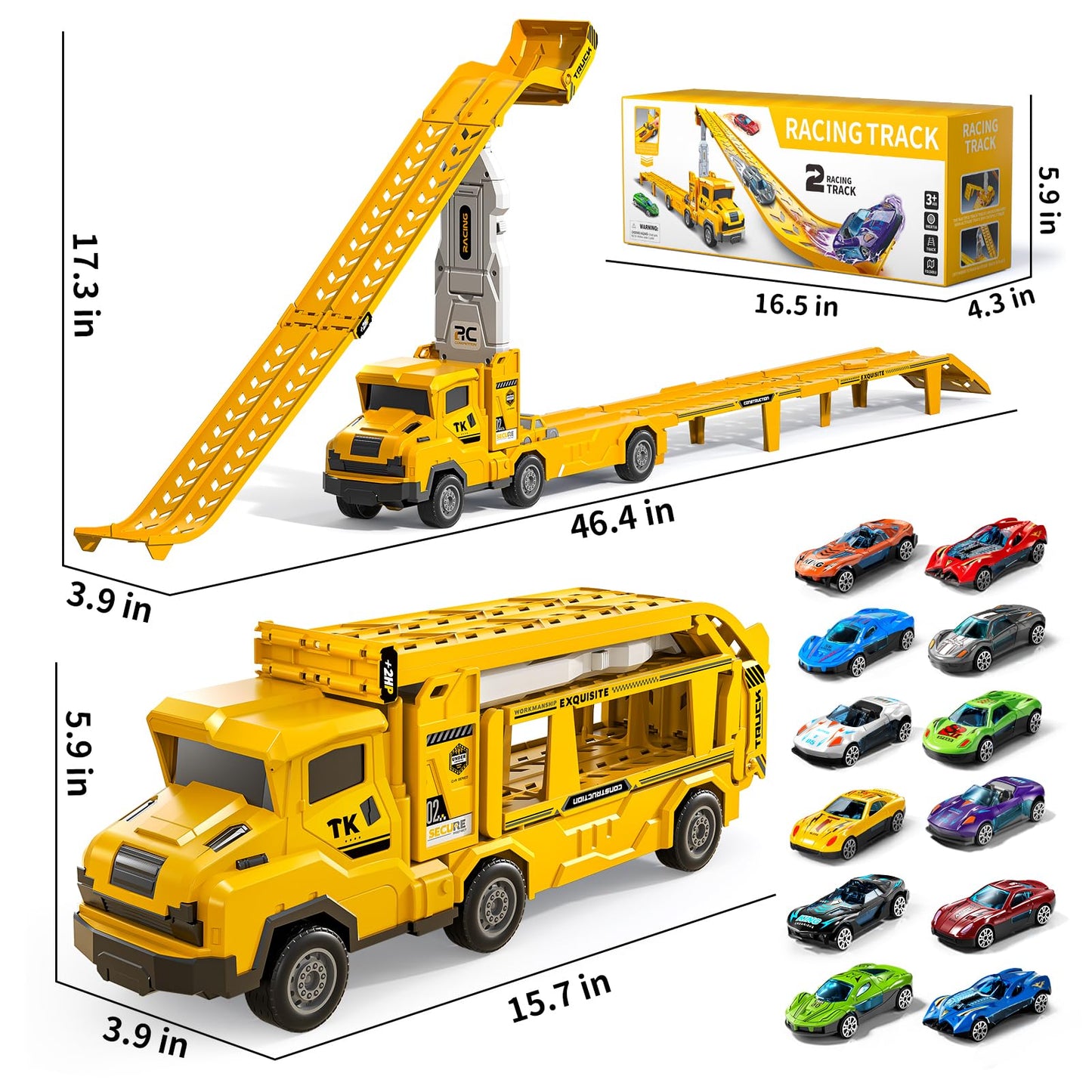 Garbo Star Transport Truck Toys Set – 12 Die-Cast Cars, Dual-Track & Catapults for Ages 3-7