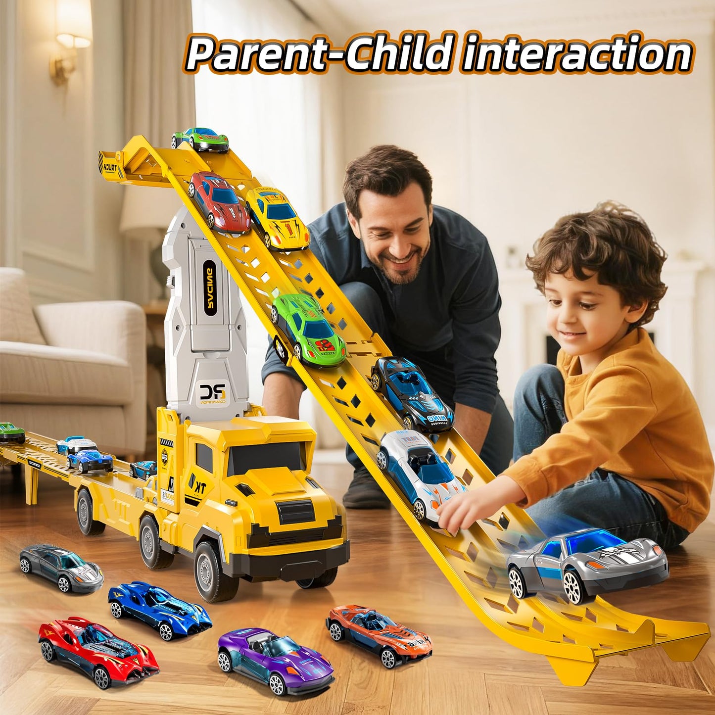 Garbo Star Transport Truck Toys Set – 12 Die-Cast Cars, Dual-Track & Catapults for Ages 3-7