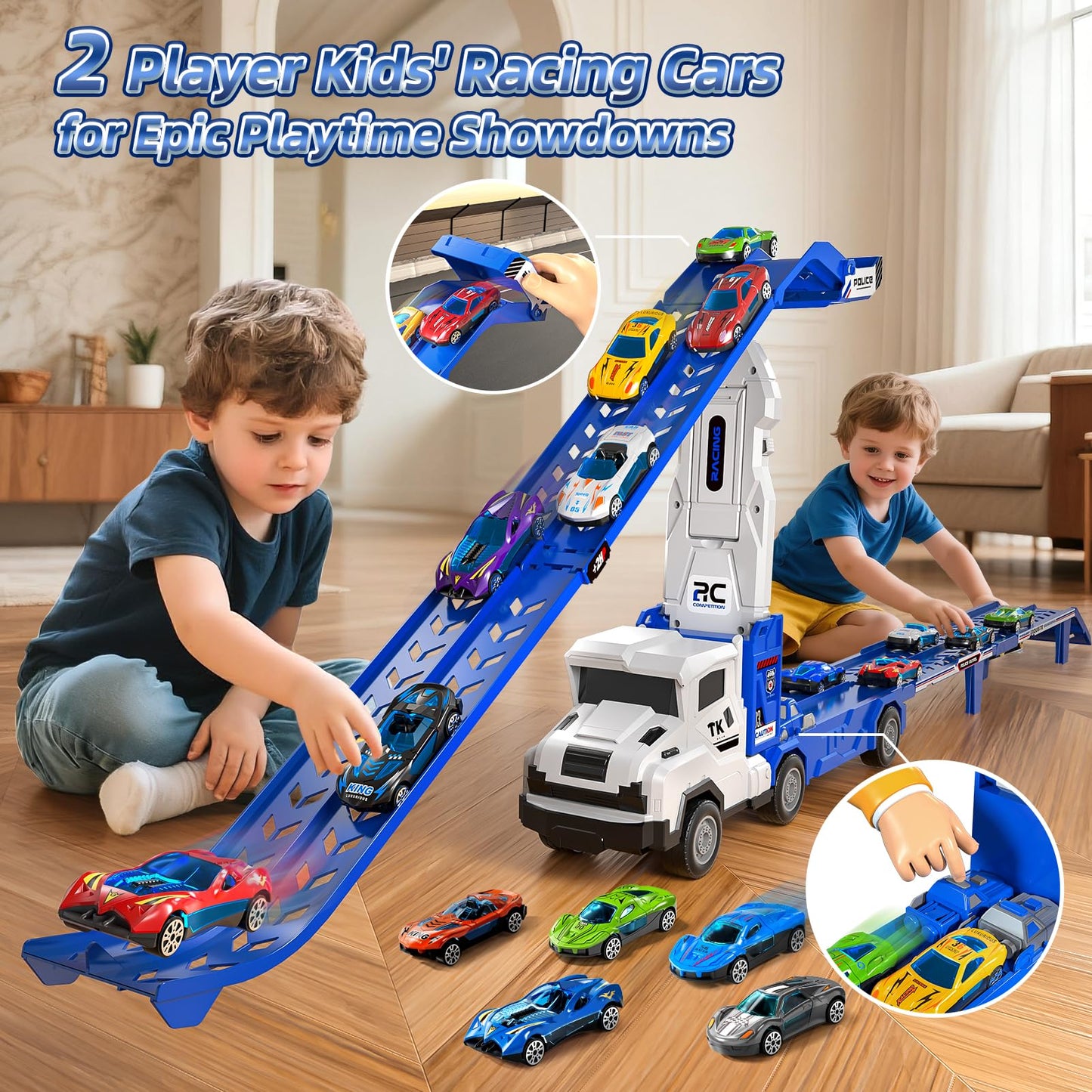 Garbo Star Transport Truck Toys Set — Dual-Track Carrier with 12 Die-Cast Cars, 2 Catapults, Ages 3-7