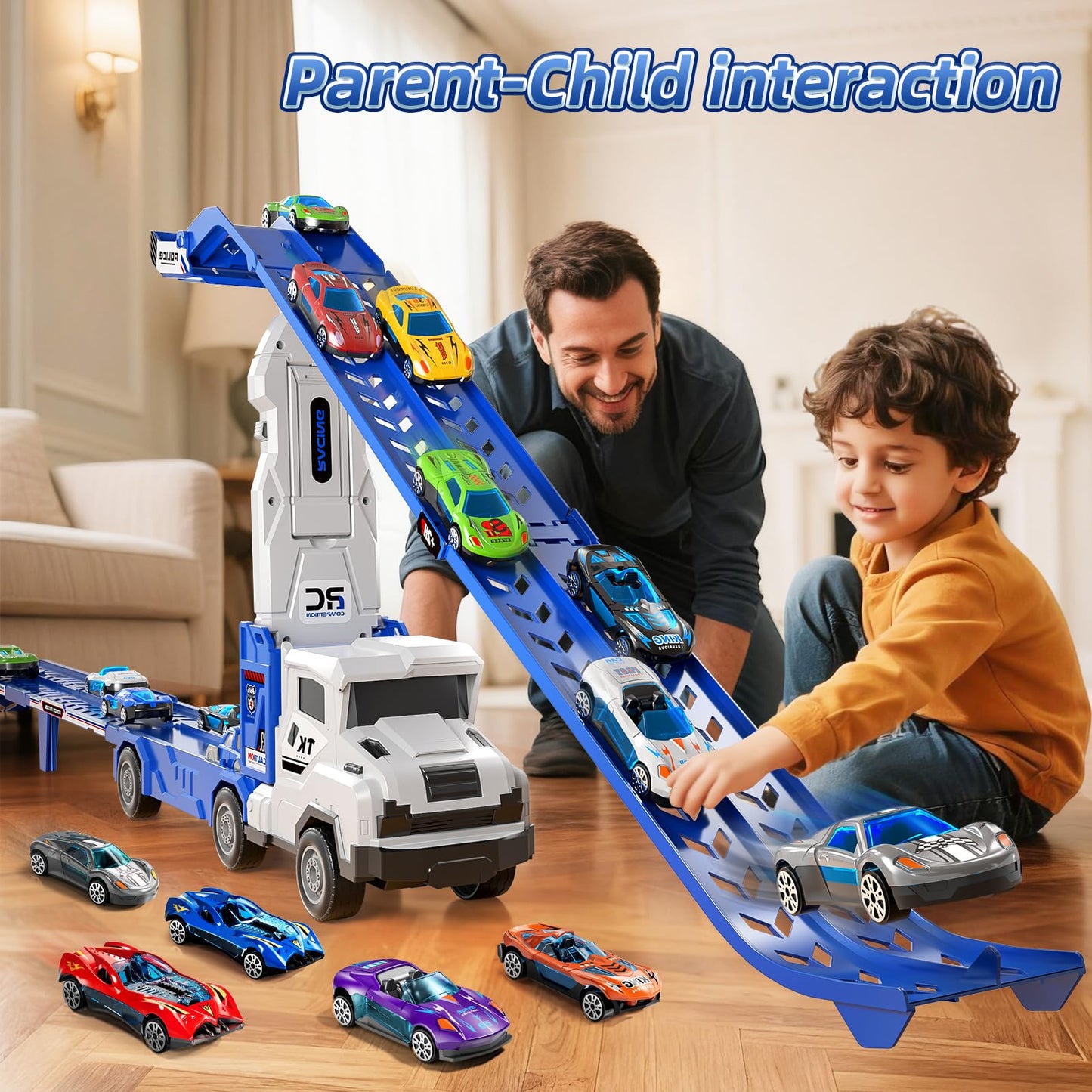 Garbo Star Transport Truck Toys Set — Dual-Track Carrier with 12 Die-Cast Cars, 2 Catapults, Ages 3-7