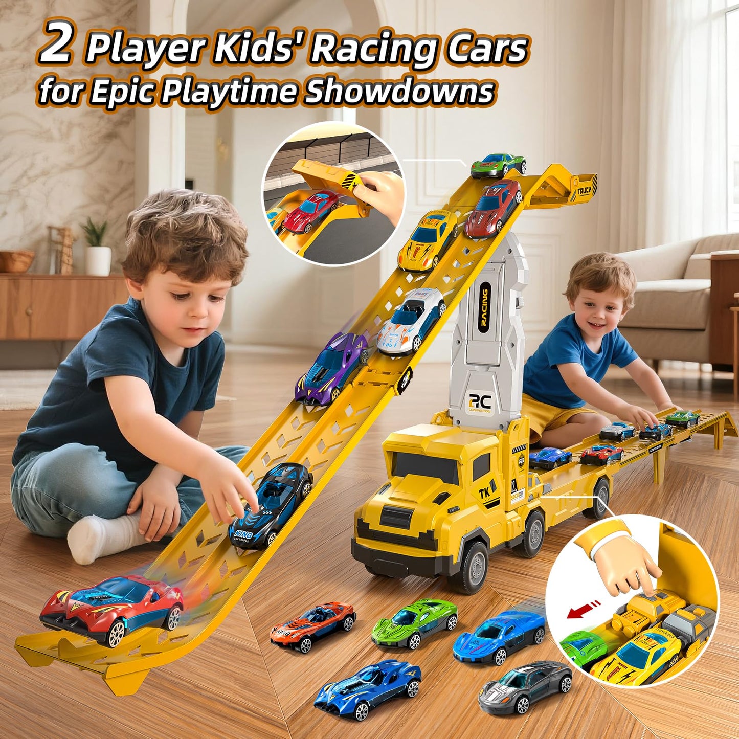 Garbo Star Transport Truck Toys Set – 12 Die-Cast Cars, Dual-Track & Catapults for Ages 3-7