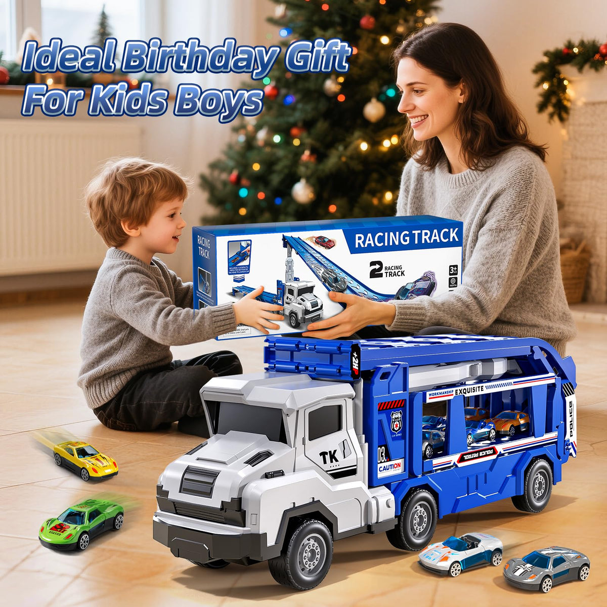 Garbo Star Transport Truck Toys Set — Dual-Track Carrier with 12 Die-Cast Cars, 2 Catapults, Ages 3-7
