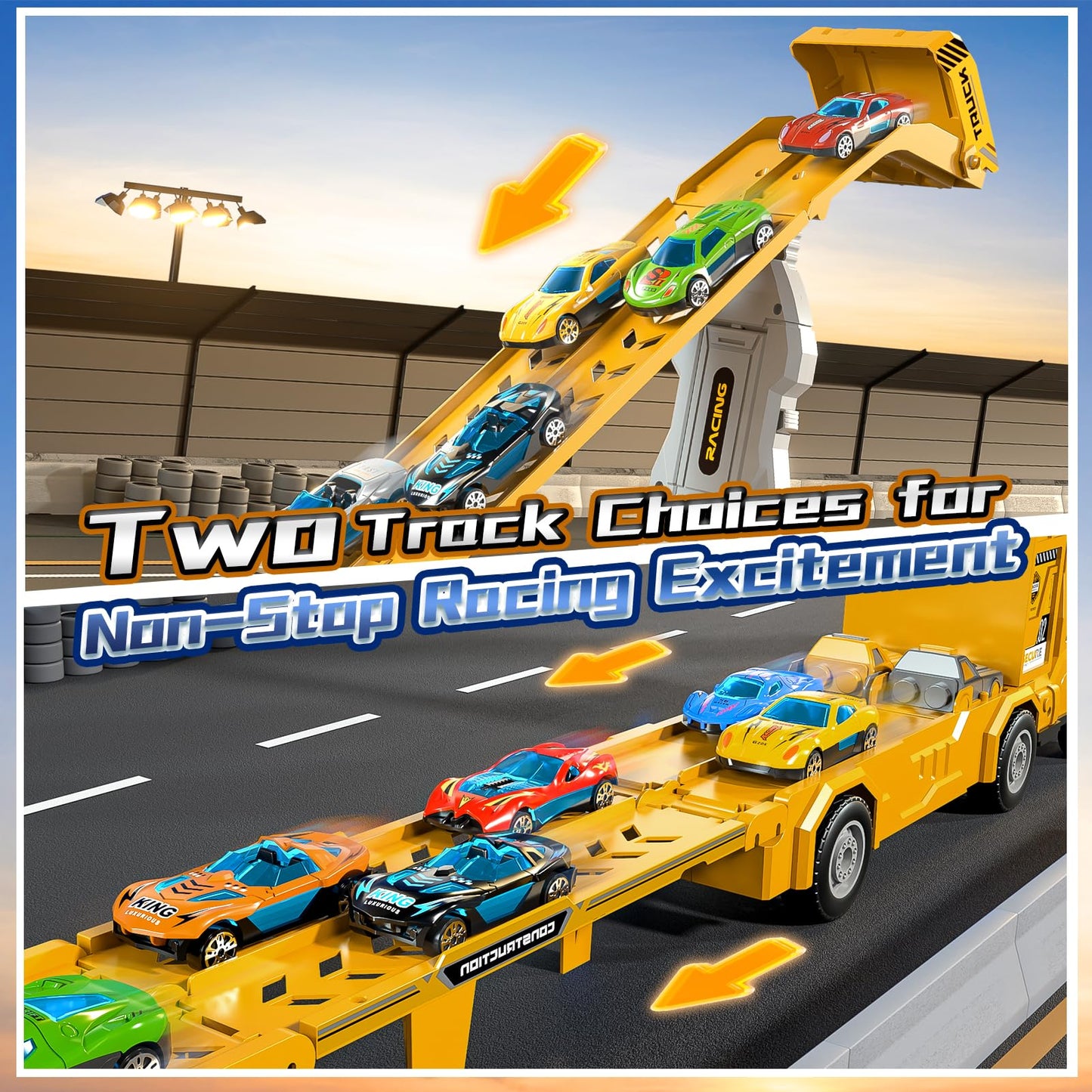 Garbo Star Transport Truck Toys Set – 12 Die-Cast Cars, Dual-Track & Catapults for Ages 3-7