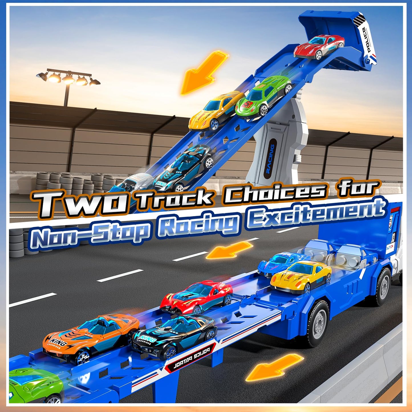 Garbo Star Transport Truck Toys Set — Dual-Track Carrier with 12 Die-Cast Cars, 2 Catapults, Ages 3-7