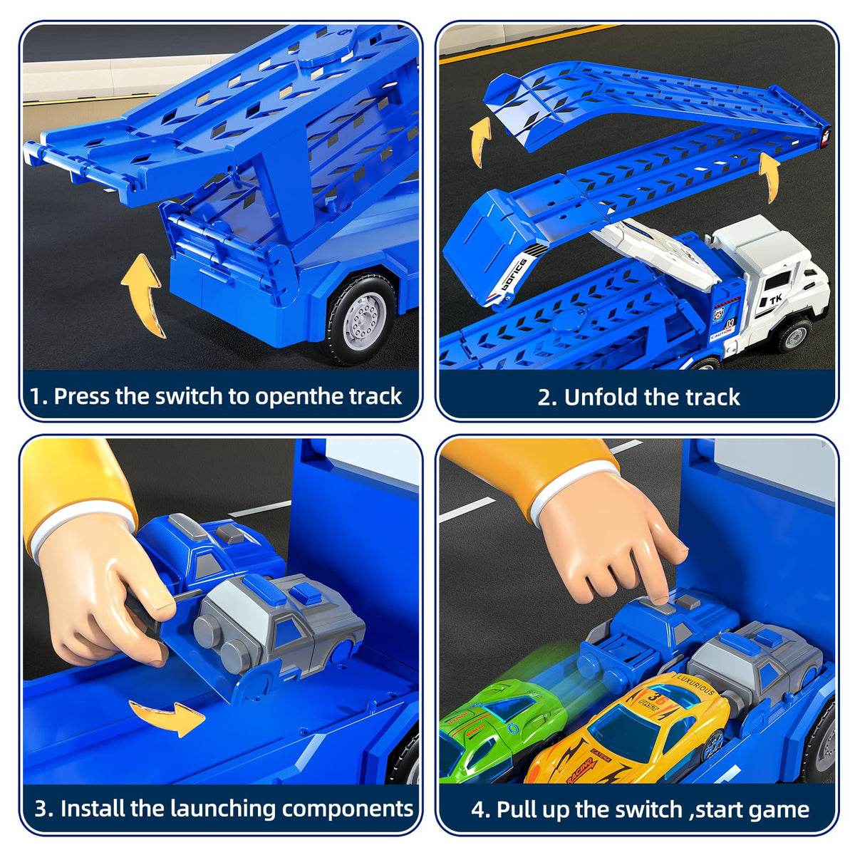 Garbo Star Transport Truck Toys Set — Dual-Track Carrier with 12 Die-Cast Cars, 2 Catapults, Ages 3-7