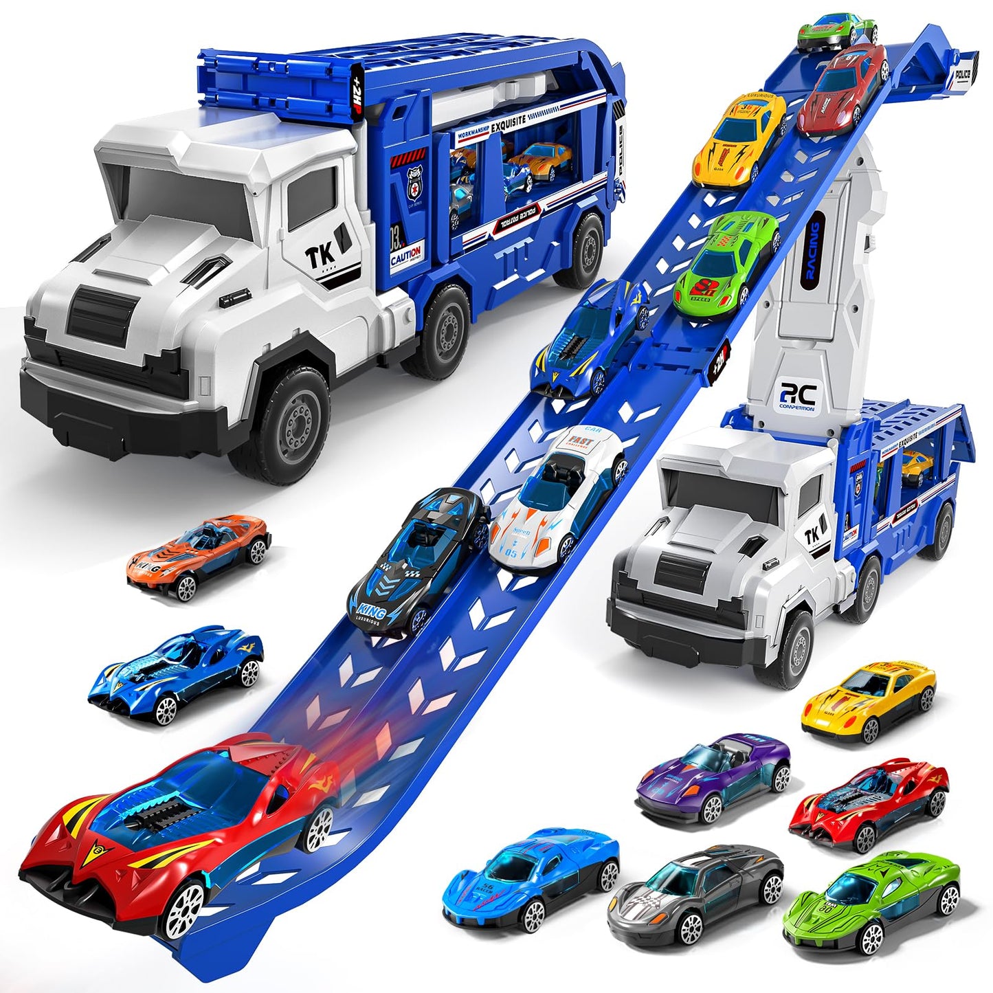 Garbo Star Transport Truck Toys Set — Dual-Track Carrier with 12 Die-Cast Cars, 2 Catapults, Ages 3-7