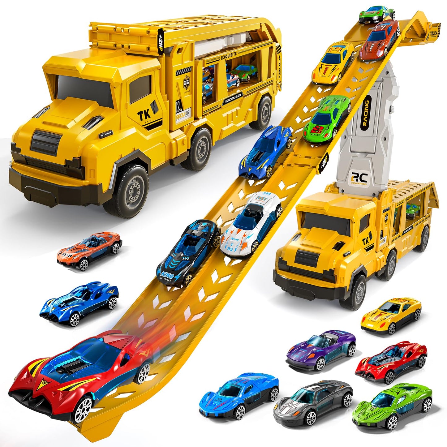 Garbo Star Transport Truck Toys Set – 12 Die-Cast Cars, Dual-Track & Catapults for Ages 3-7
