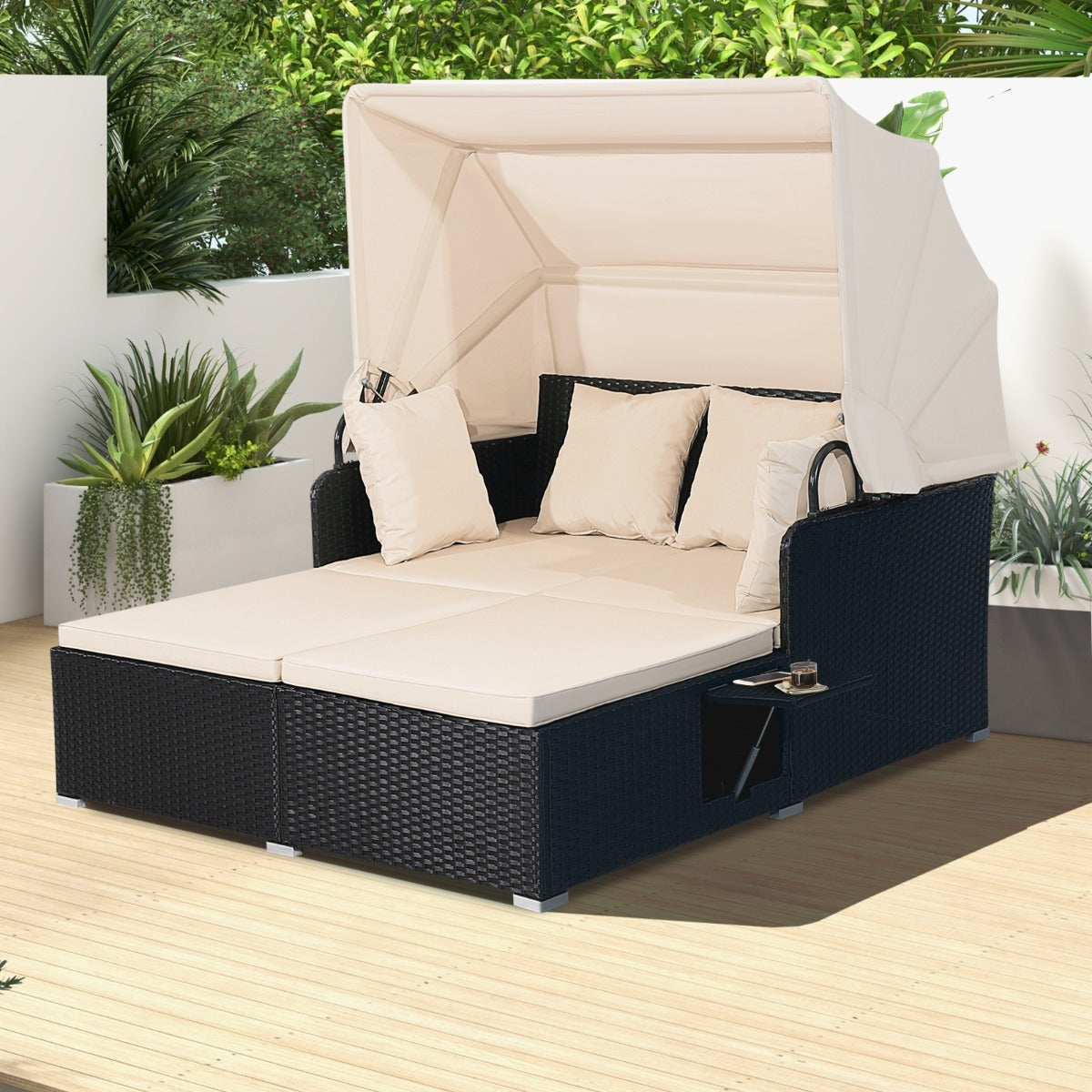 Garden Rattan Daybed with Retractable Canopy and Cushions-Beige
