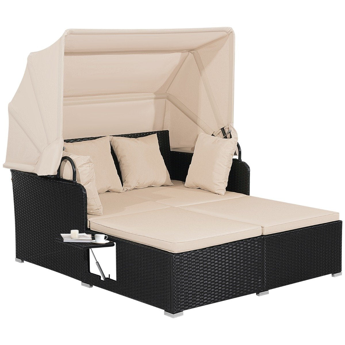 Garden Rattan Daybed with Retractable Canopy and Cushions-Beige