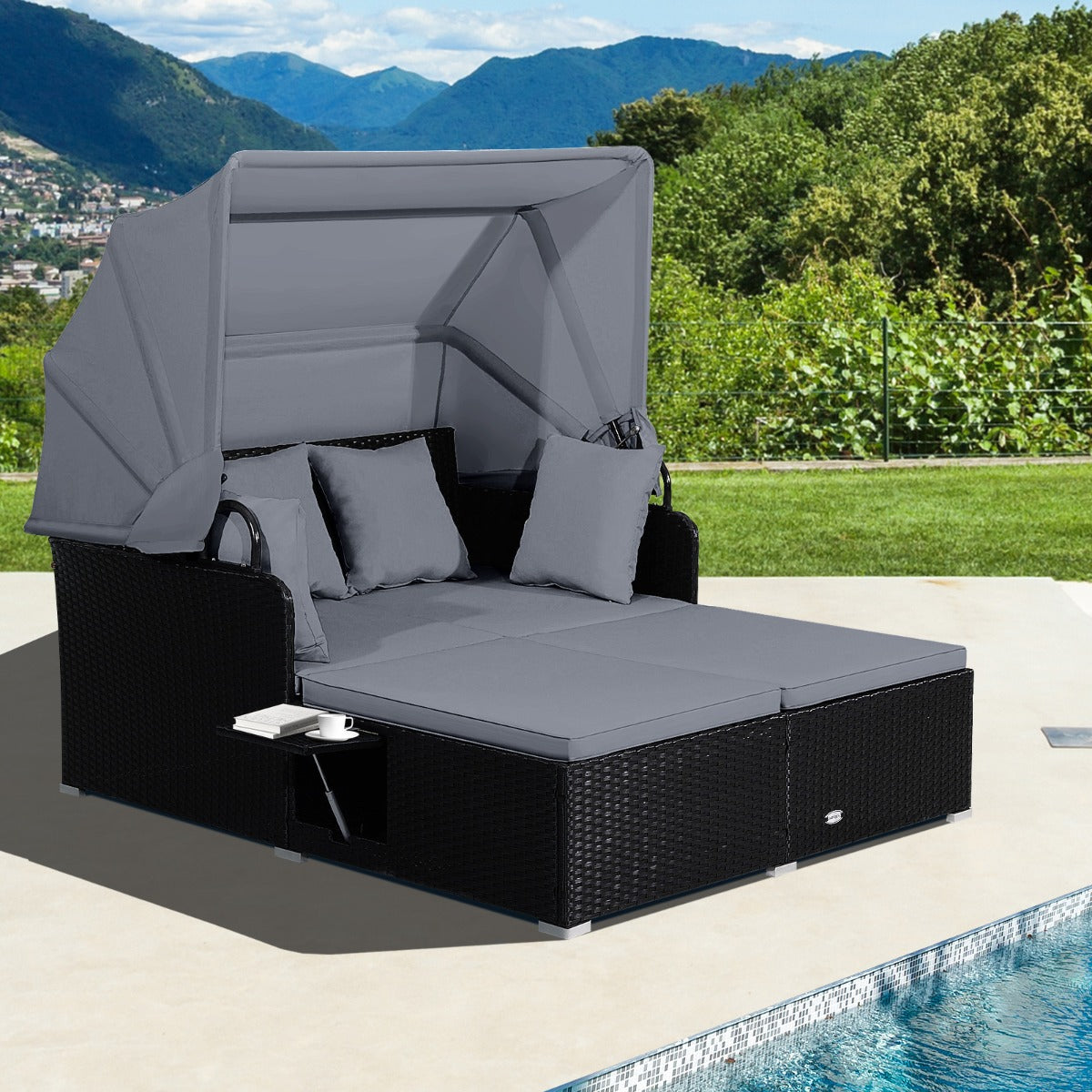 Garden Rattan Daybed with Retractable Canopy and Cushions-Beige