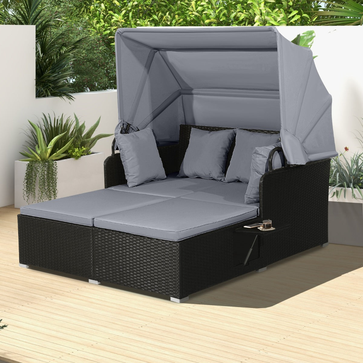 Garden Rattan Daybed with Retractable Canopy and Cushions-Beige