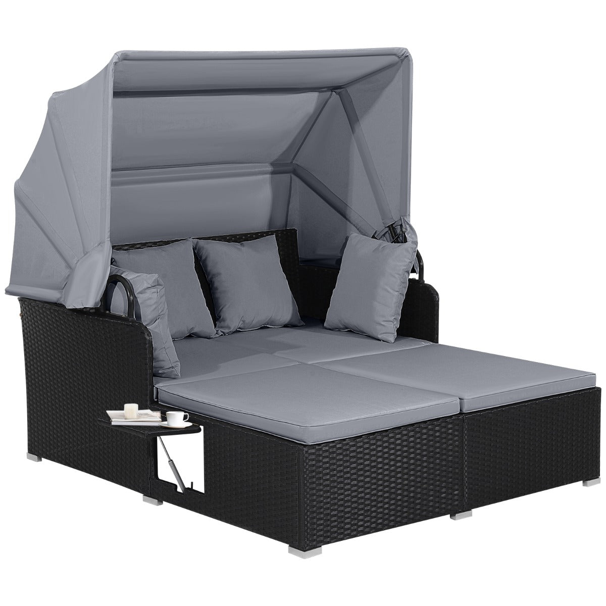 Garden Rattan Daybed with Retractable Canopy and Cushions-Beige