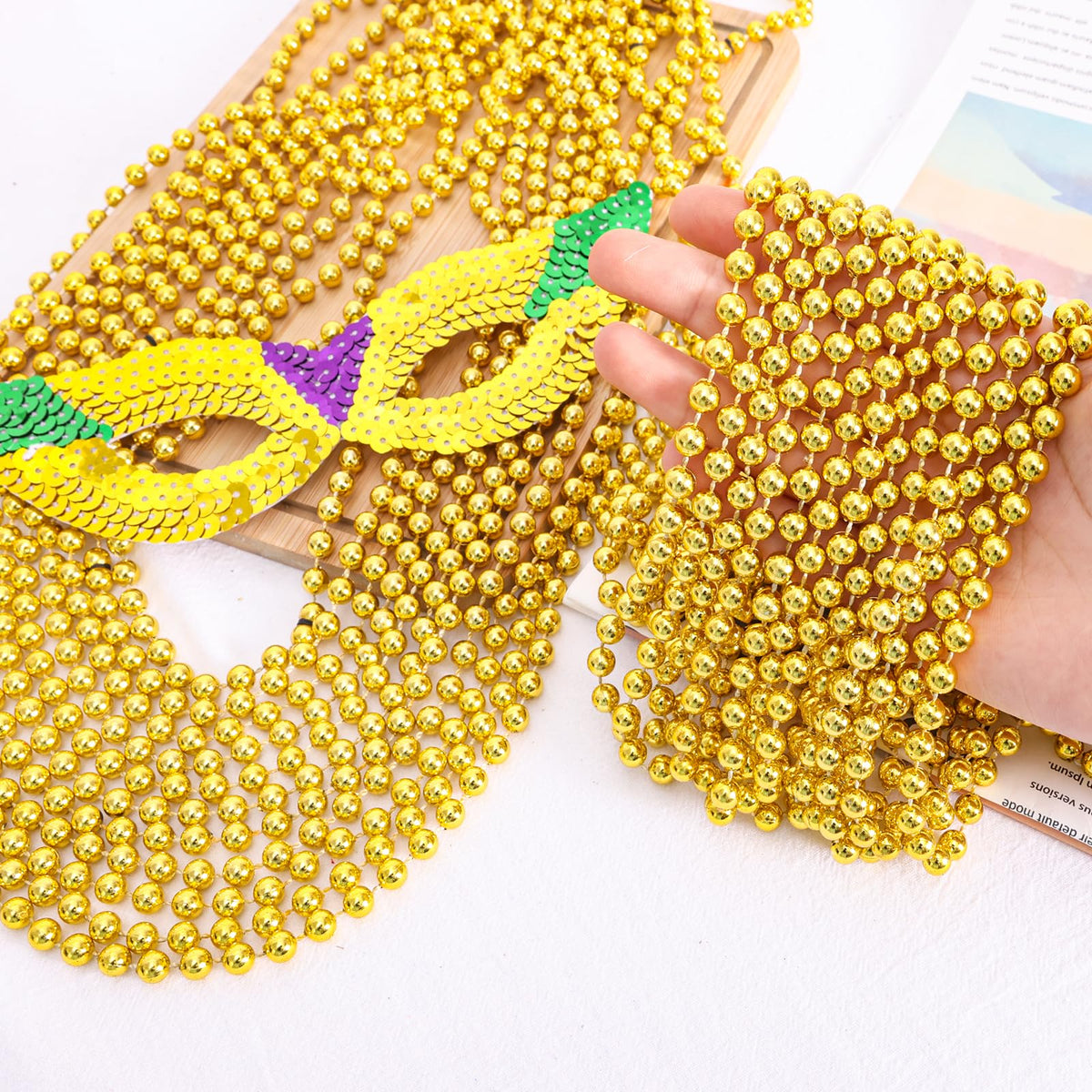 Garma 144Pcs Mardi Gras Beads Bulk — 33in Metallic Gold Bead Necklaces (7mm) for Parades & Parties