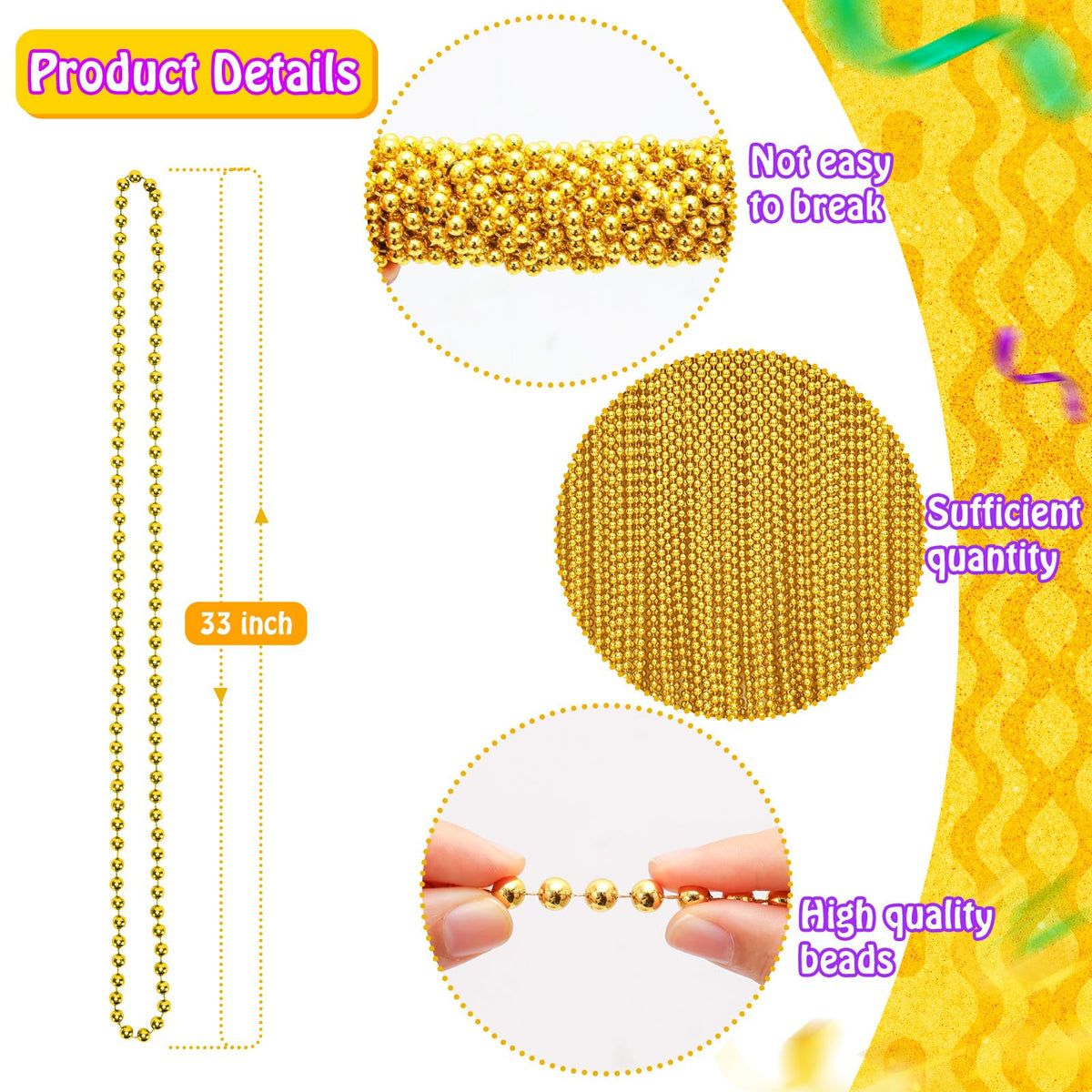 Garma 144Pcs Mardi Gras Beads Bulk — 33in Metallic Gold Bead Necklaces (7mm) for Parades & Parties