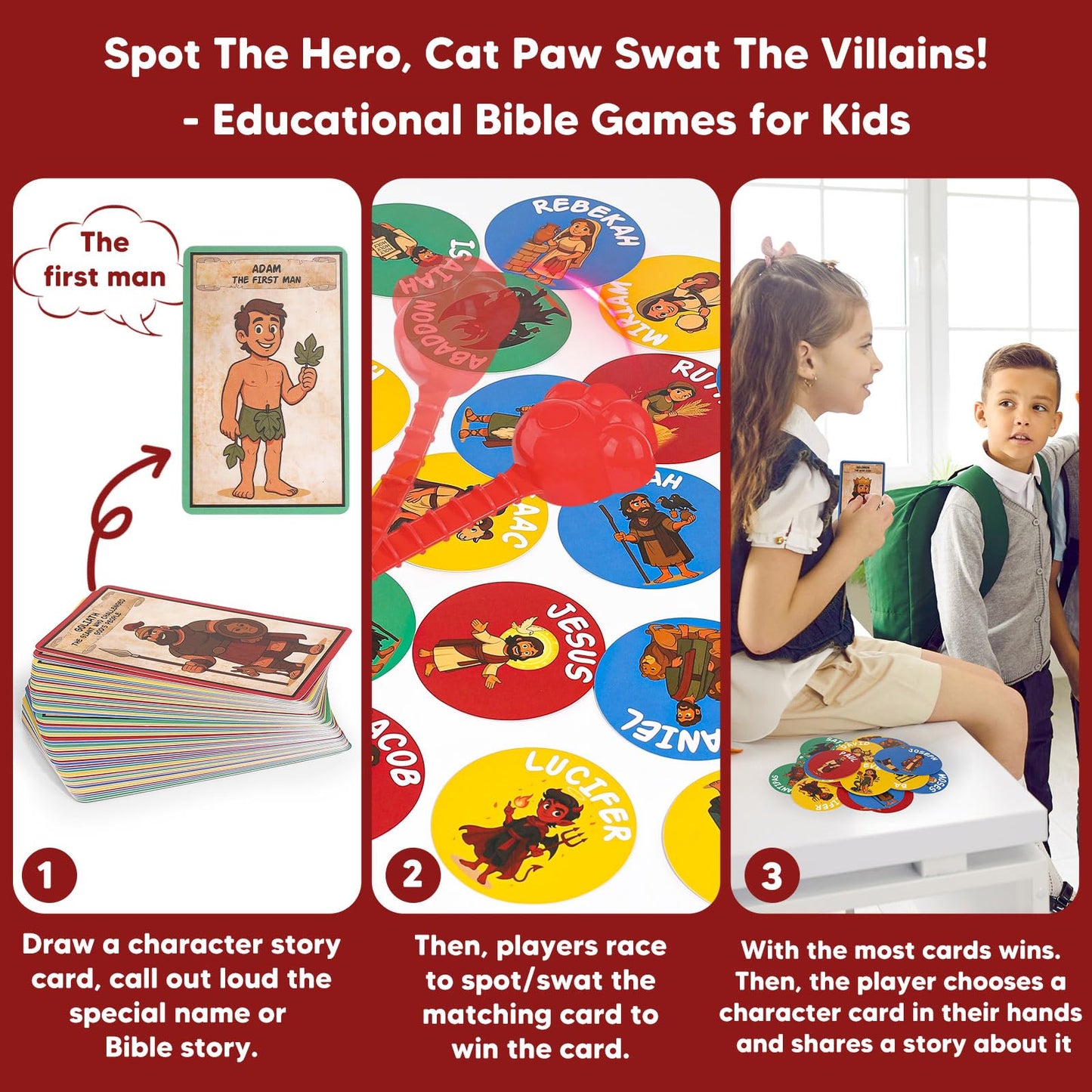 Garybank Bible Swat Game for Kids – 56 Bible Character Cards & Scripture Stories | Sunday School & Family Faith Play