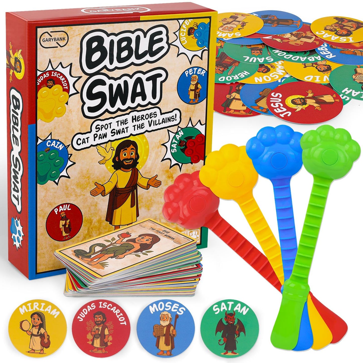 Garybank Bible Swat Game for Kids – 56 Bible Character Cards & Scripture Stories | Sunday School & Family Faith Play