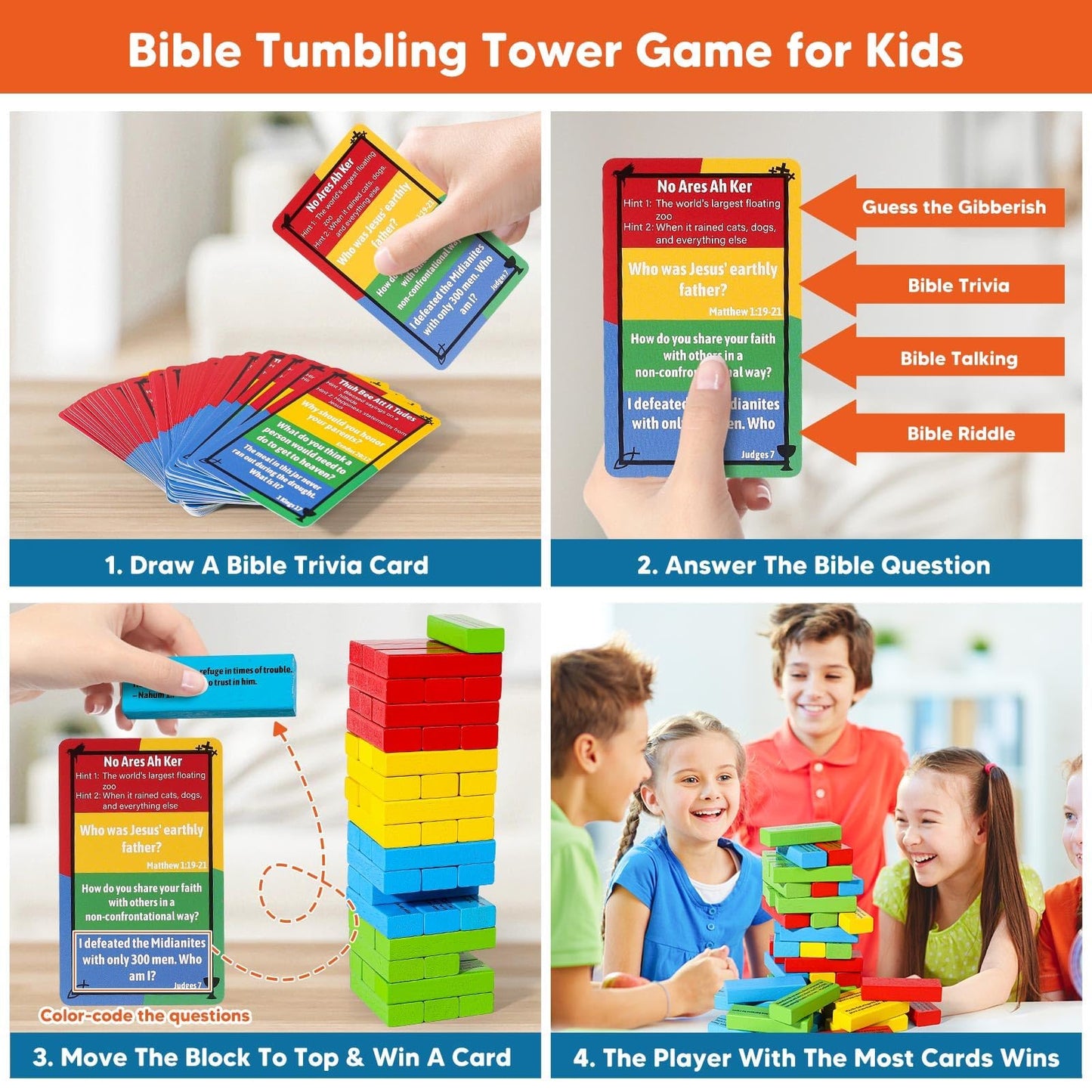 Garybank Faith Tower Bible Games for Kids - 260+ Bible Trivia Cards