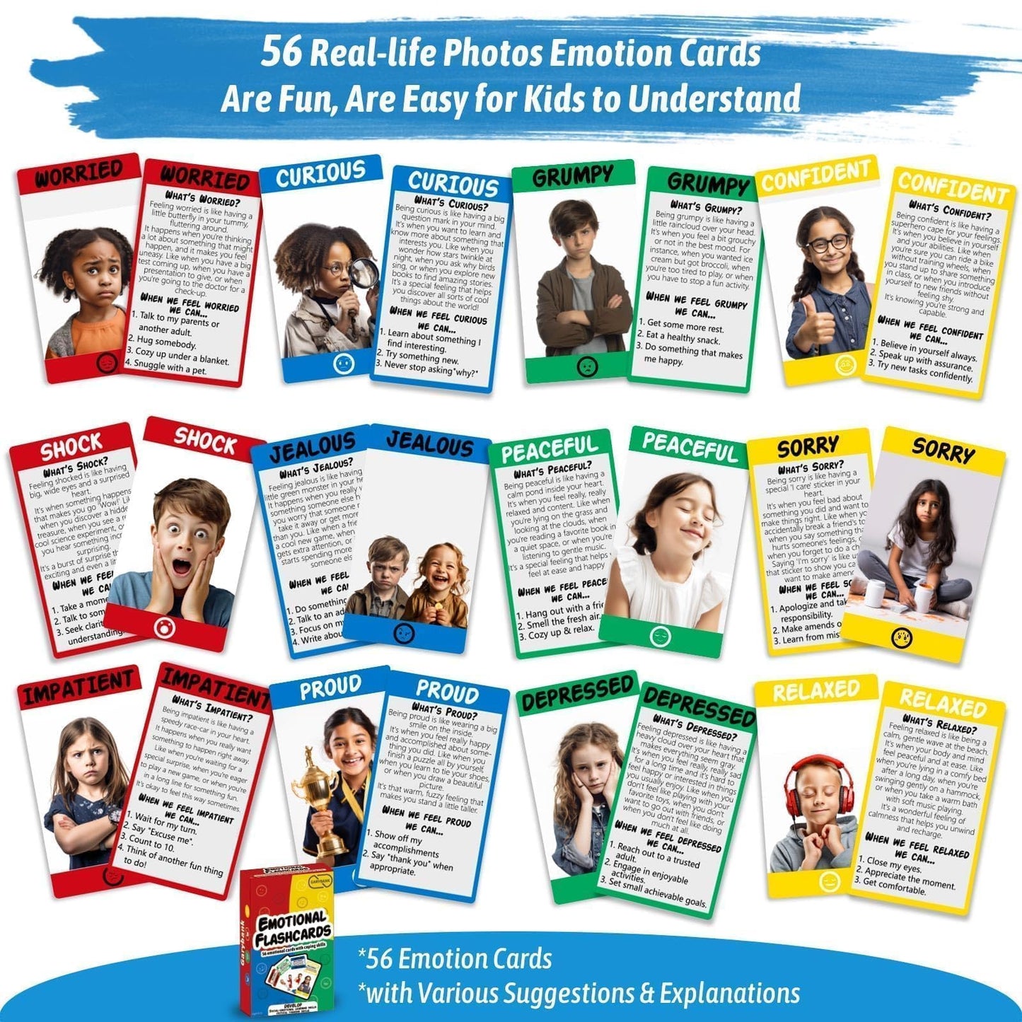 Garybank Emotion Cards — 56 Emotion Flashcards for Toddlers & Kids, Coping Skills & Therapy Tools