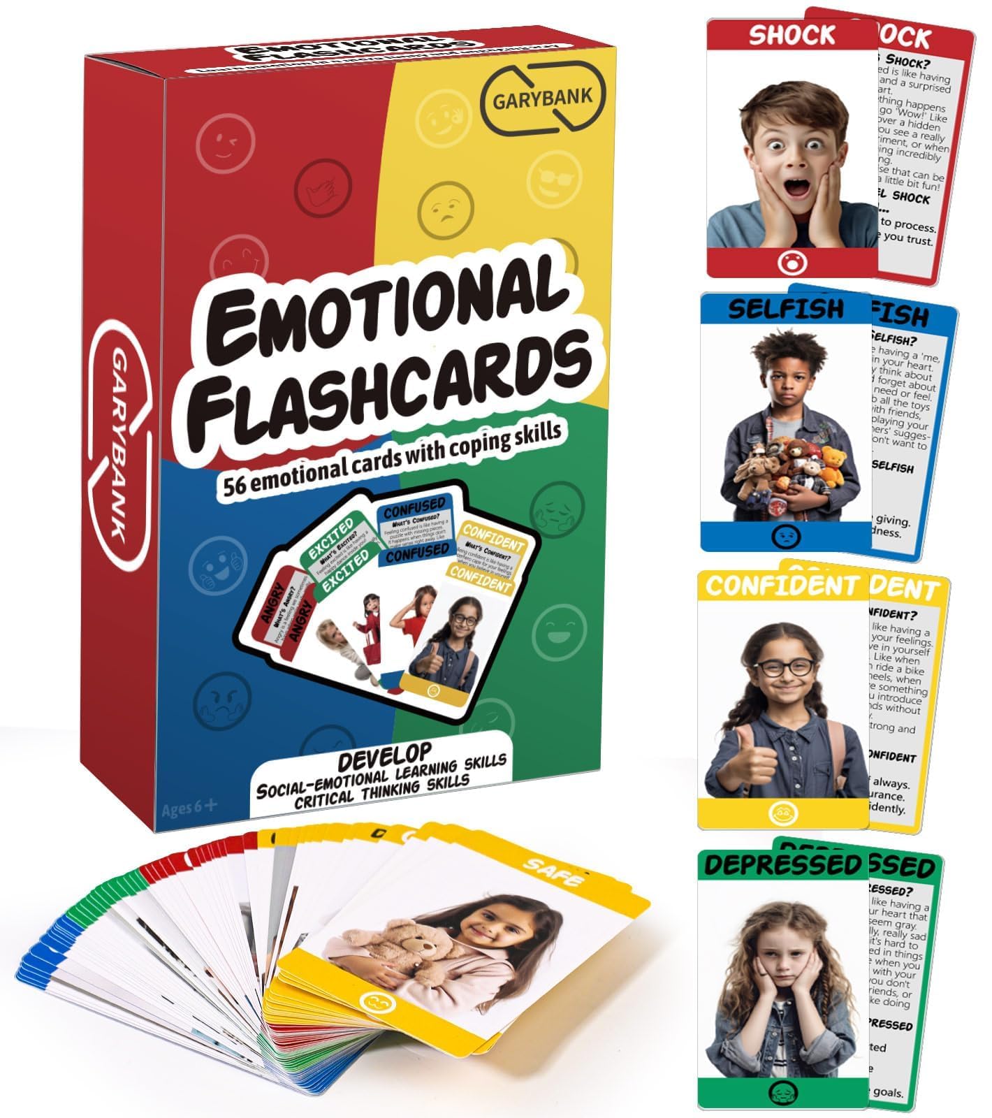 Garybank Emotion Cards — 56 Emotion Flashcards for Toddlers & Kids, Coping Skills & Therapy Tools