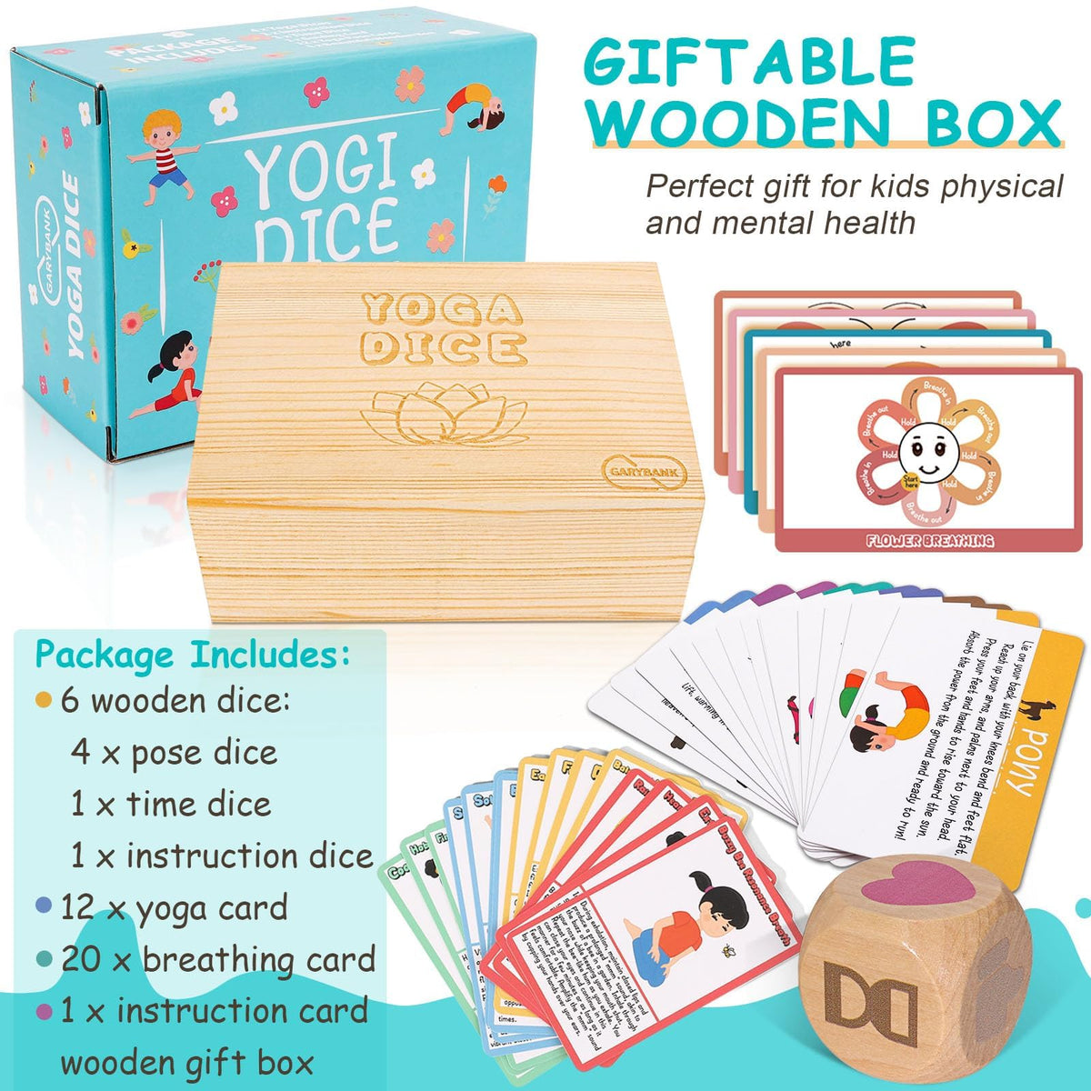 Garybank Kids Yoga Dice – 12 Yoga Cards & 20 Breathing Cards