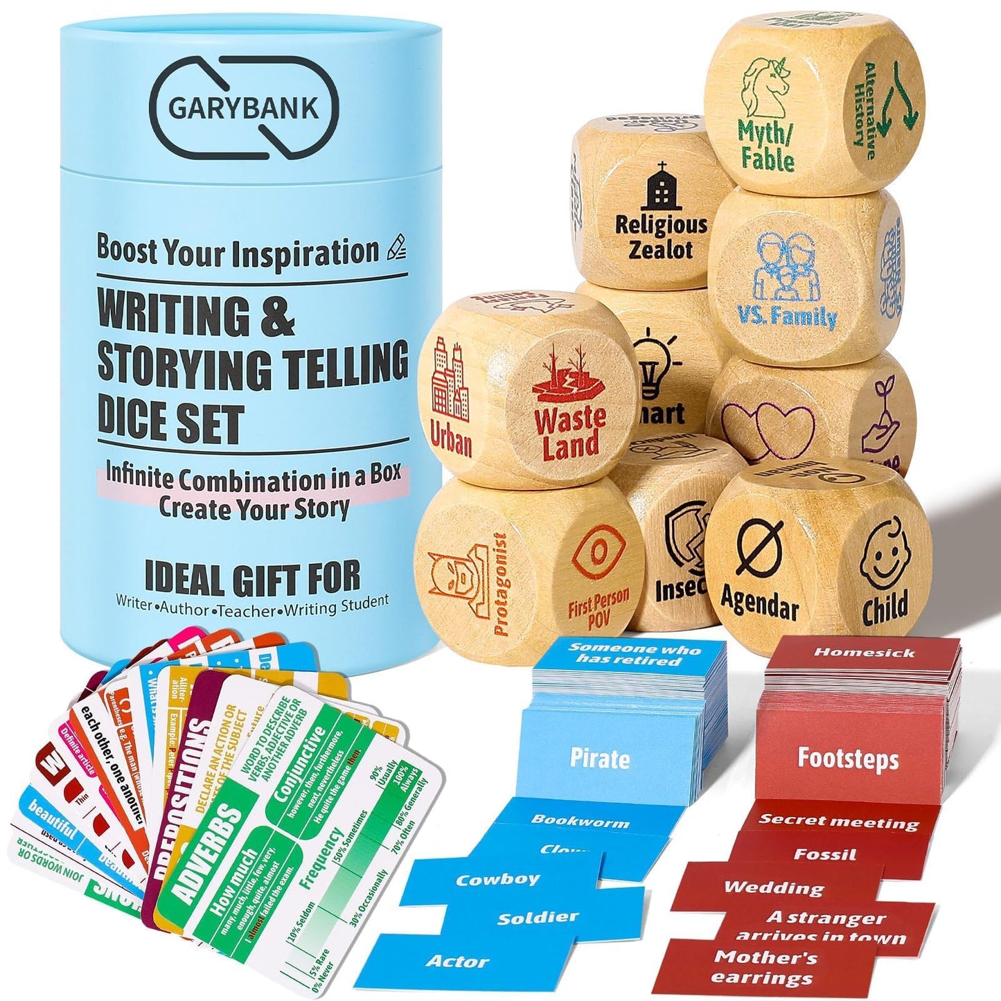Garybank Inspiration Writing Prompt Dice – 9 Story Cubes, 13 Skill Cards & 200 Character/Event Cards for Kids, Writers & Teachers