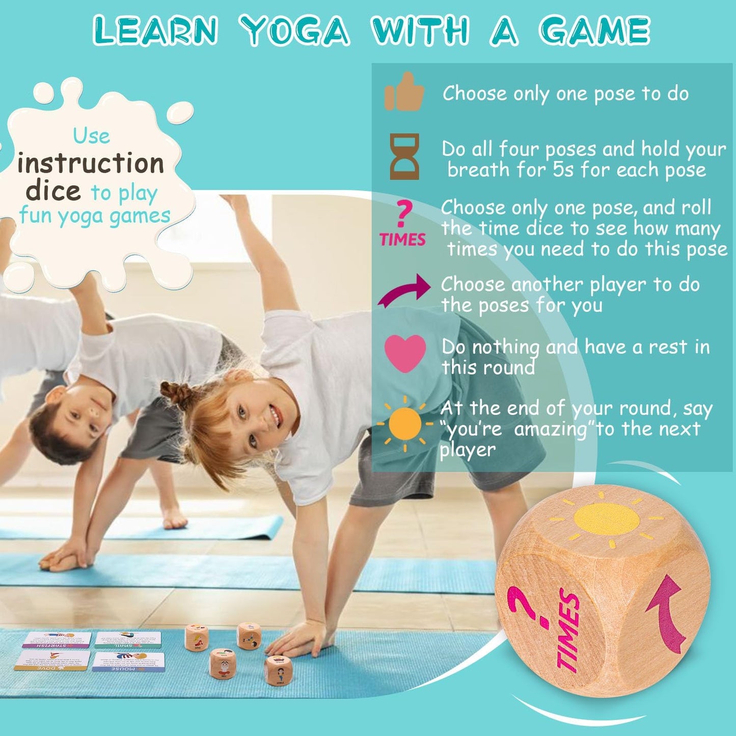 Garybank Kids Yoga Dice – 12 Yoga Cards & 20 Breathing Cards