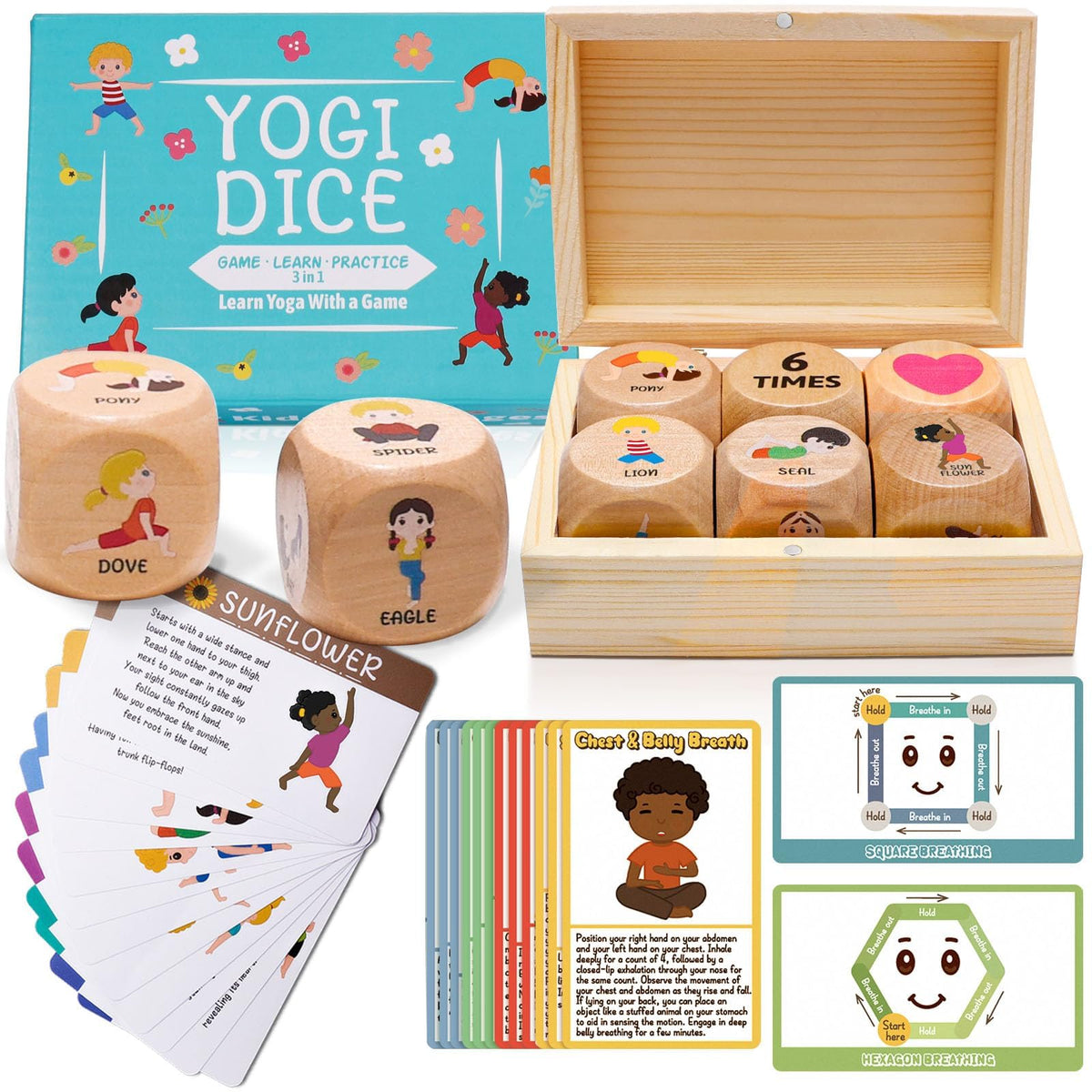 Garybank Kids Yoga Dice – 12 Yoga Cards & 20 Breathing Cards