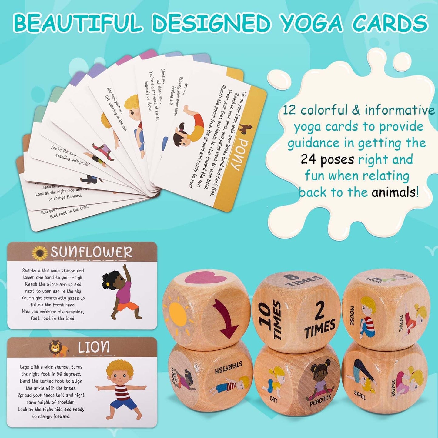 Garybank Kids Yoga Dice – 12 Yoga Cards & 20 Breathing Cards