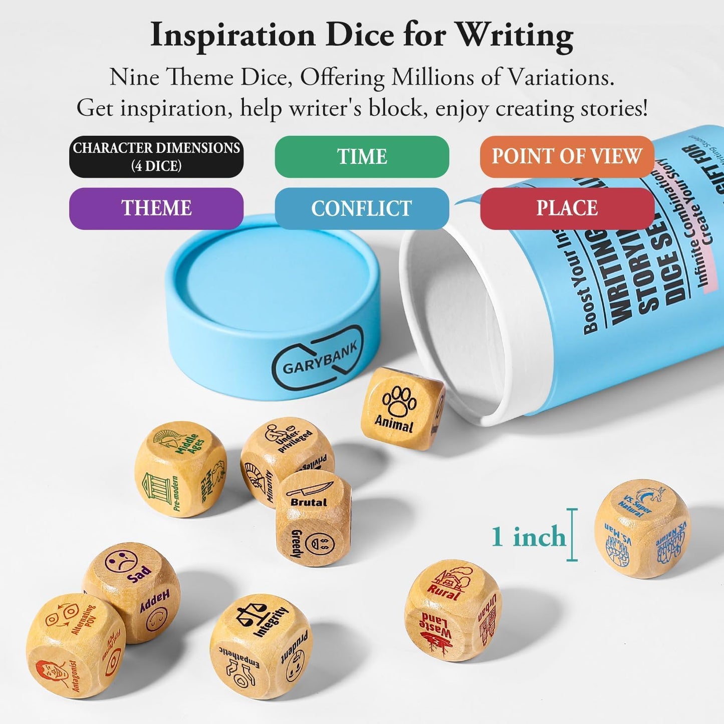 Garybank Inspiration Writing Prompt Dice – 9 Story Cubes, 13 Skill Cards & 200 Character/Event Cards for Kids, Writers & Teachers