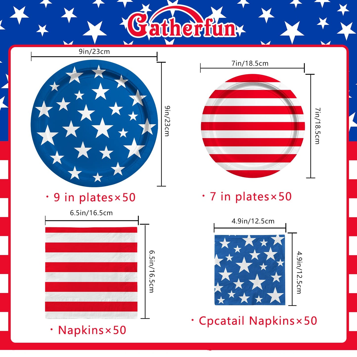 Gatherfun American Flag Patriotic Party Supplies – 50pc Disposable Dinner Plates, Dessert Plates, Napkins & Cocktail Napkins